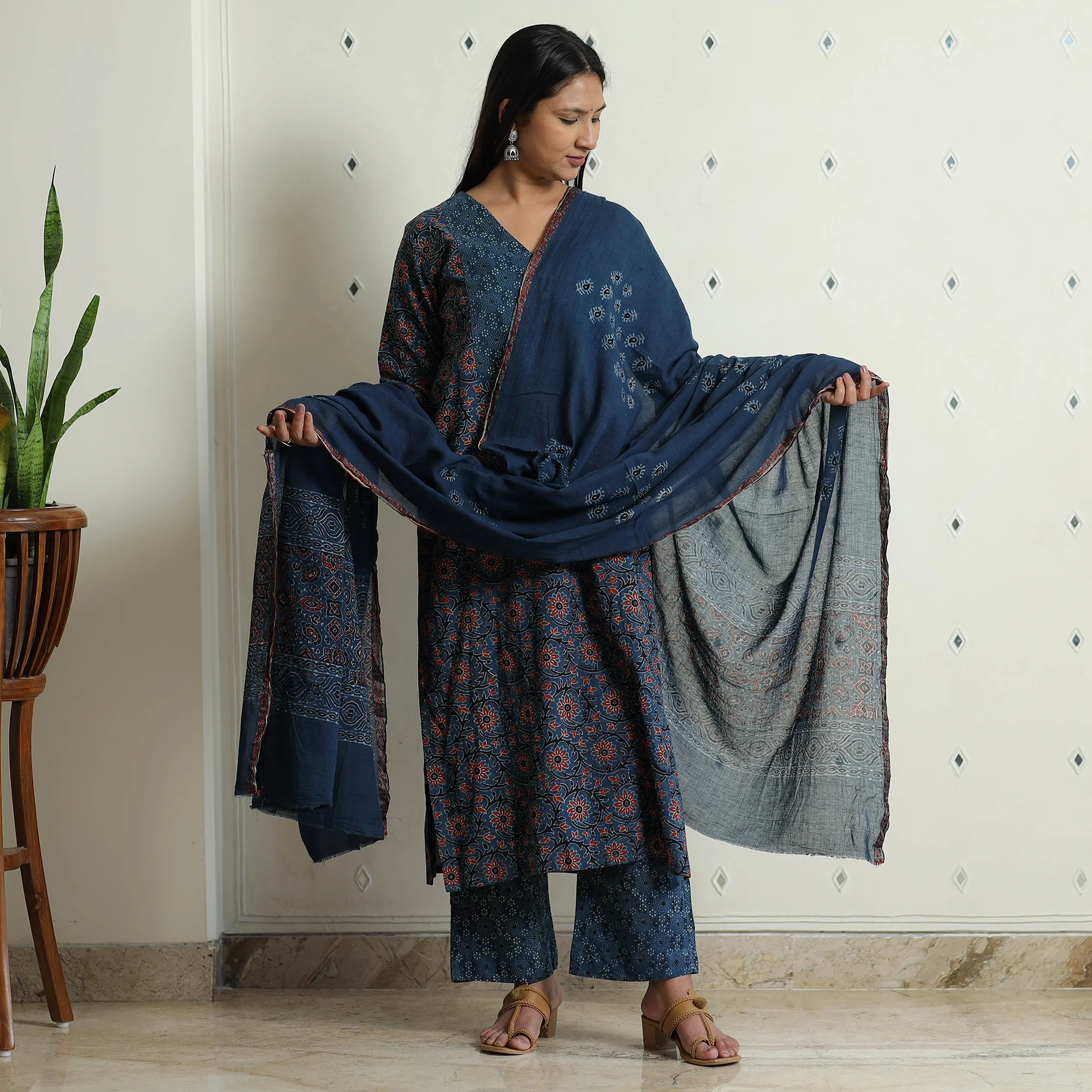 Blue - Ajrakh Block Printed Cotton Kurta with Palazzo & Dupatta Set - Image 2