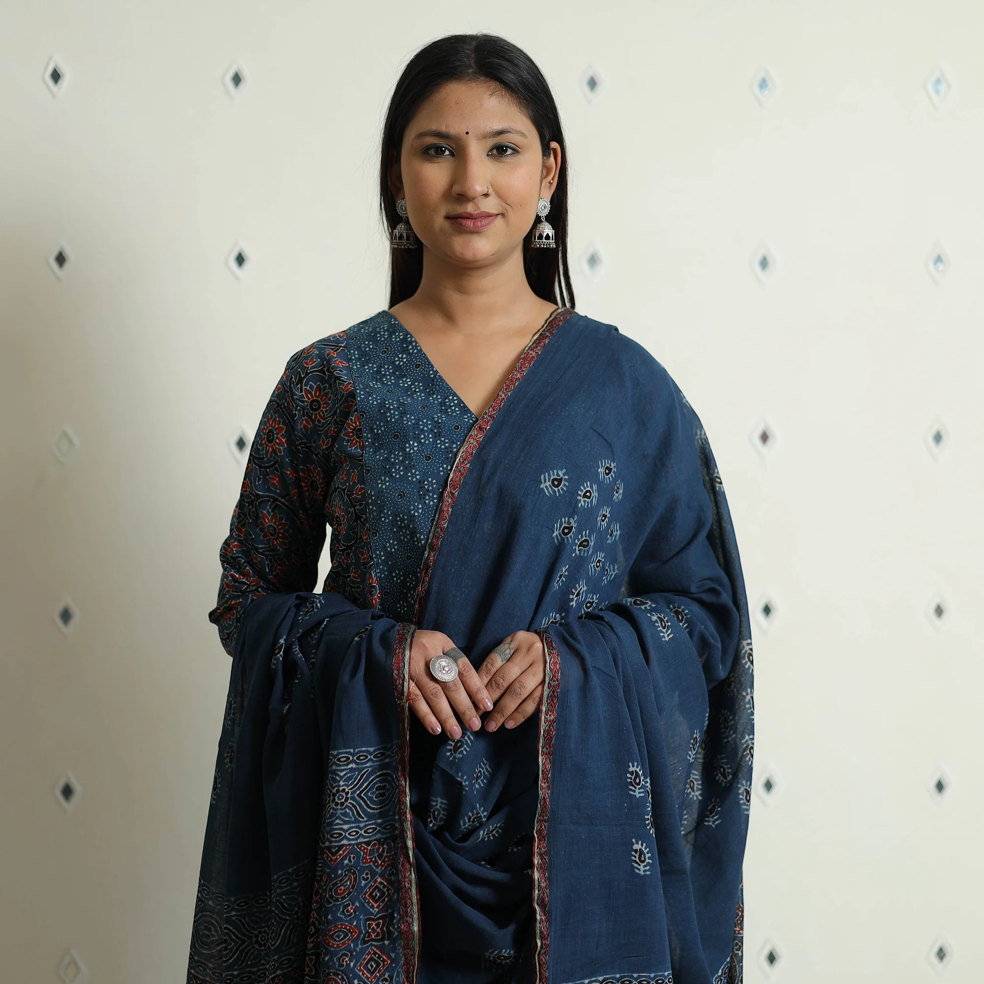 Blue - Ajrakh Block Printed Cotton Kurta with Palazzo & Dupatta Set - Image 3