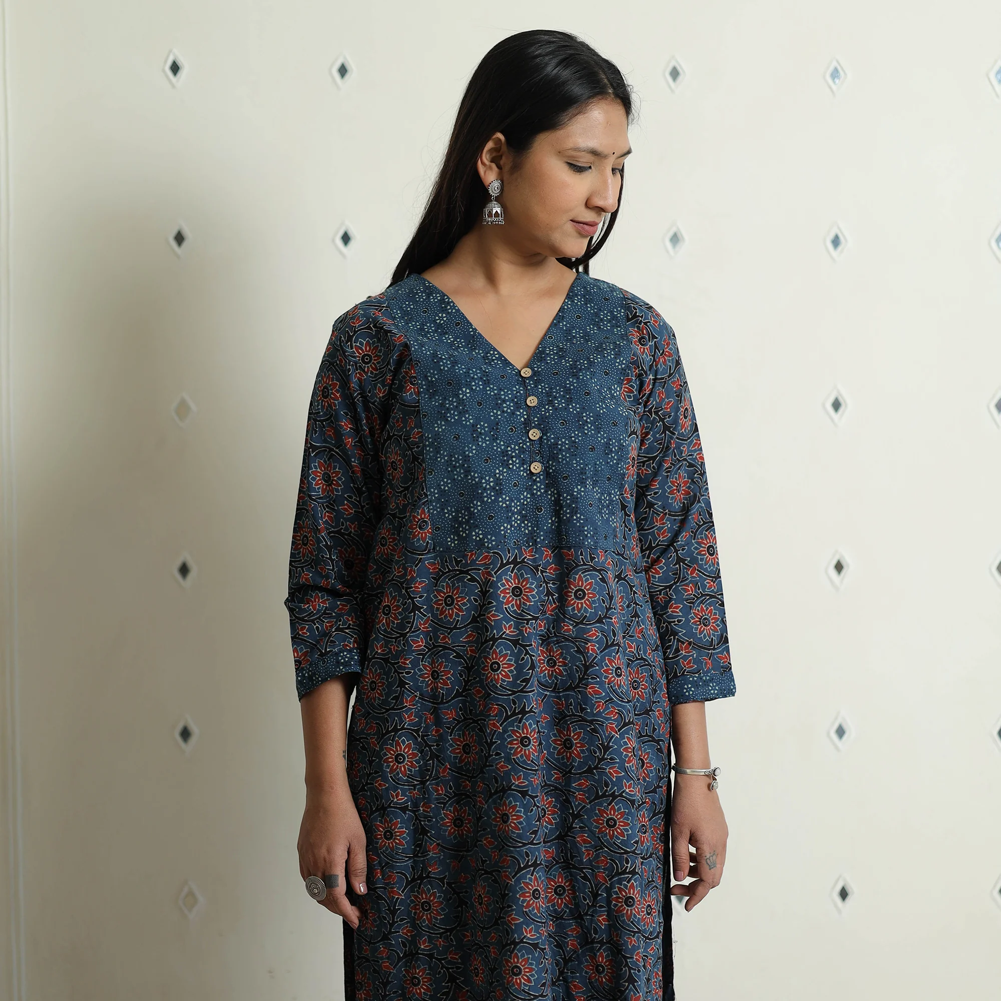 Blue - Ajrakh Block Printed Cotton Kurta with Palazzo & Dupatta Set - Image 4