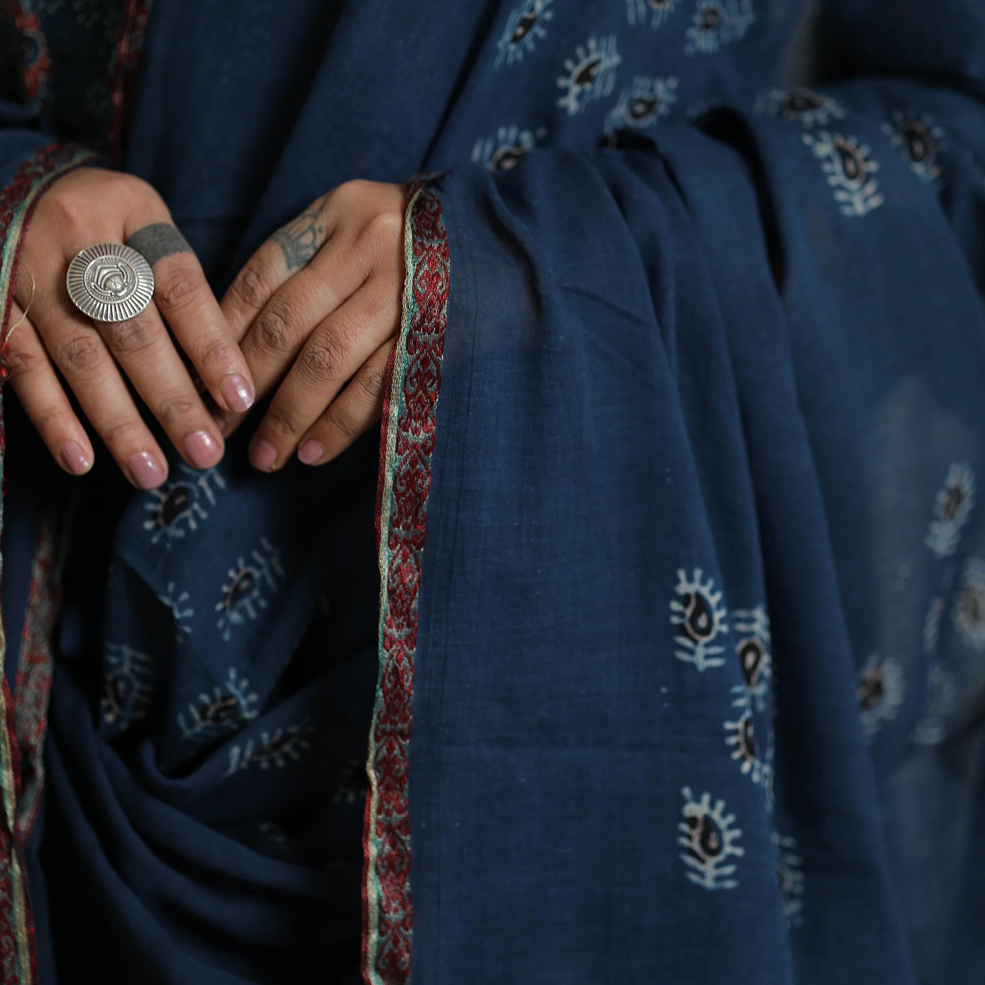 Blue - Ajrakh Block Printed Cotton Kurta with Palazzo & Dupatta Set - Image 5