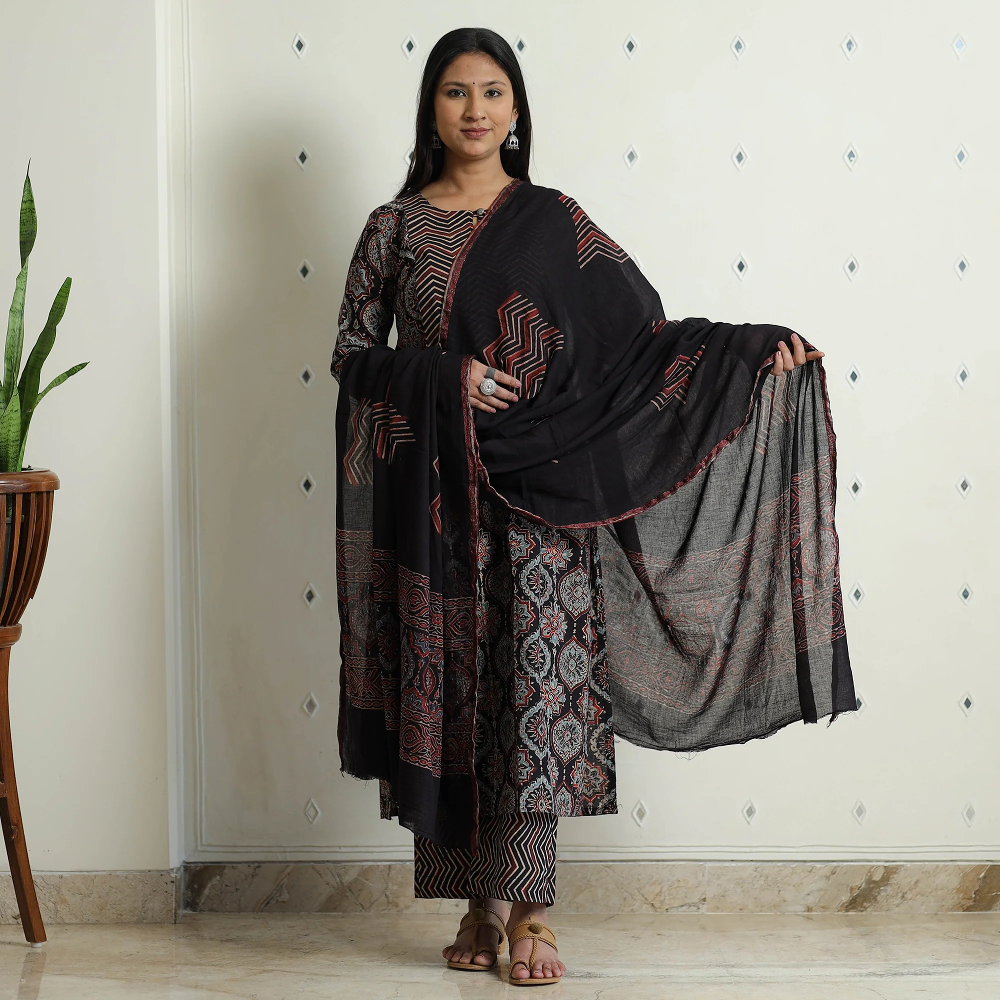 Black - Ajrakh Block Printed Cotton Kurta with Palazzo & Dupatta Set