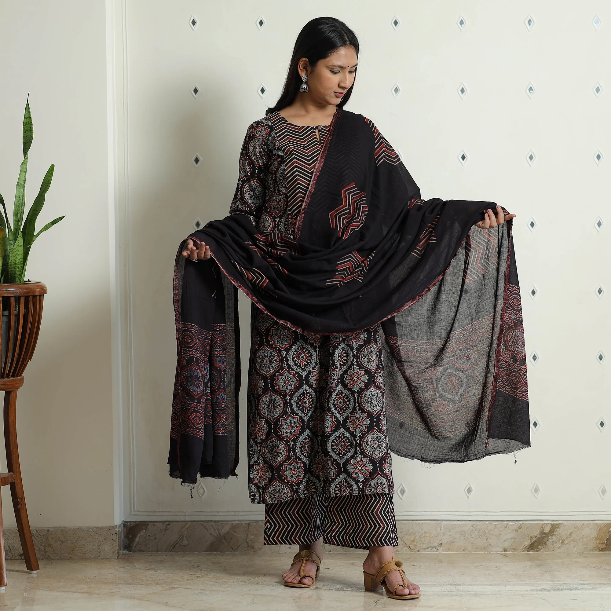 Black - Ajrakh Block Printed Cotton Kurta with Palazzo & Dupatta Set - Image 2
