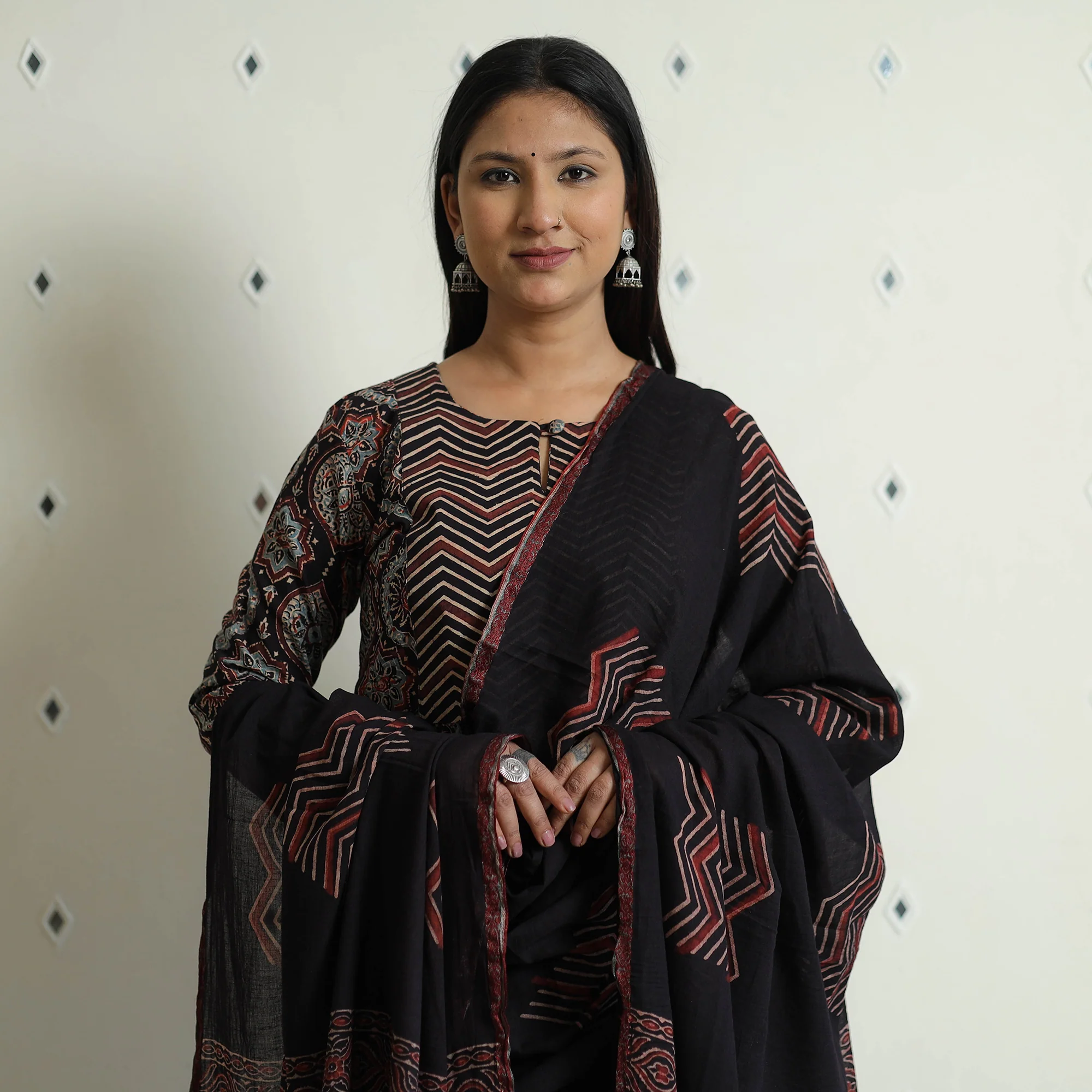 Black - Ajrakh Block Printed Cotton Kurta with Palazzo & Dupatta Set - Image 3