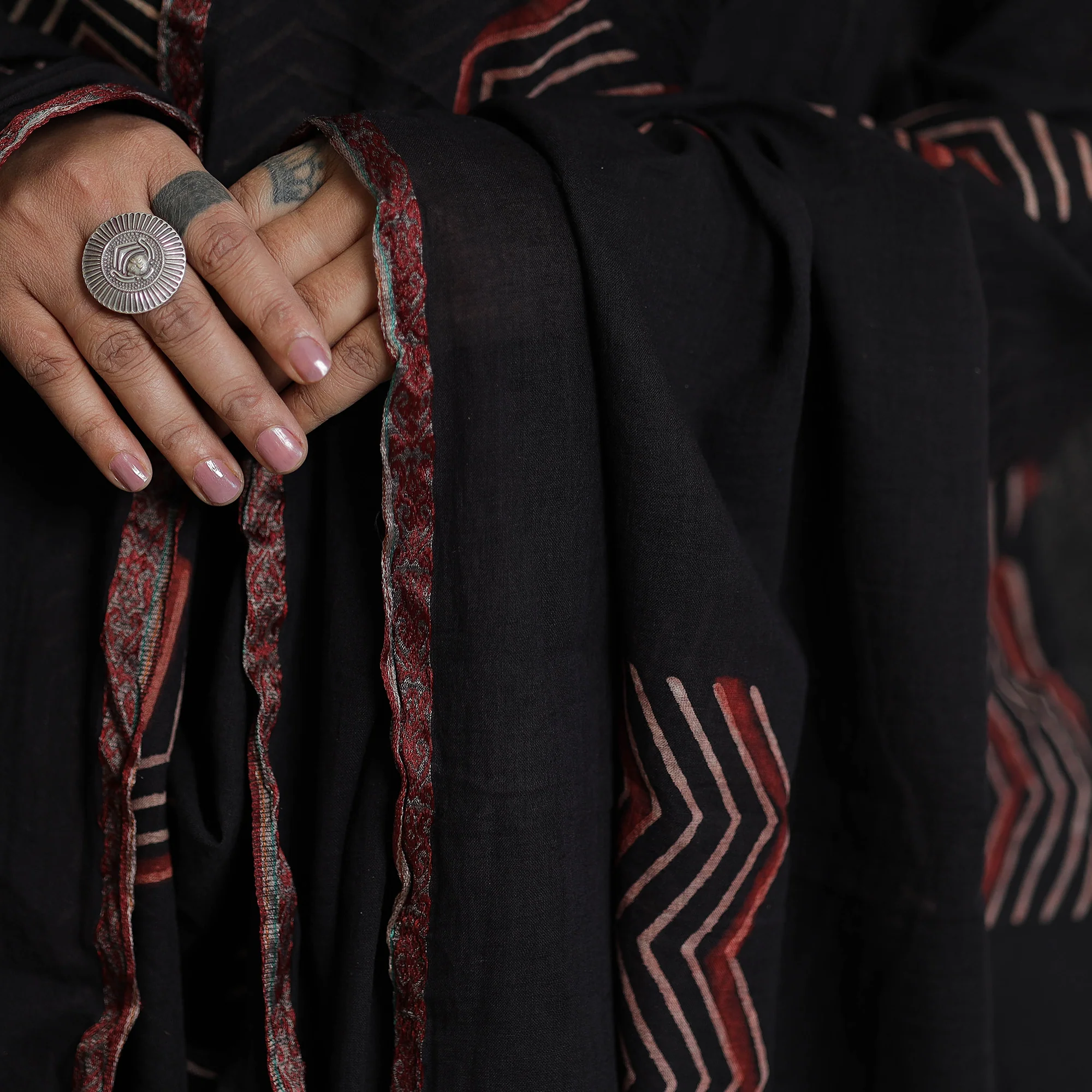 Black - Ajrakh Block Printed Cotton Kurta with Palazzo & Dupatta Set - Image 4