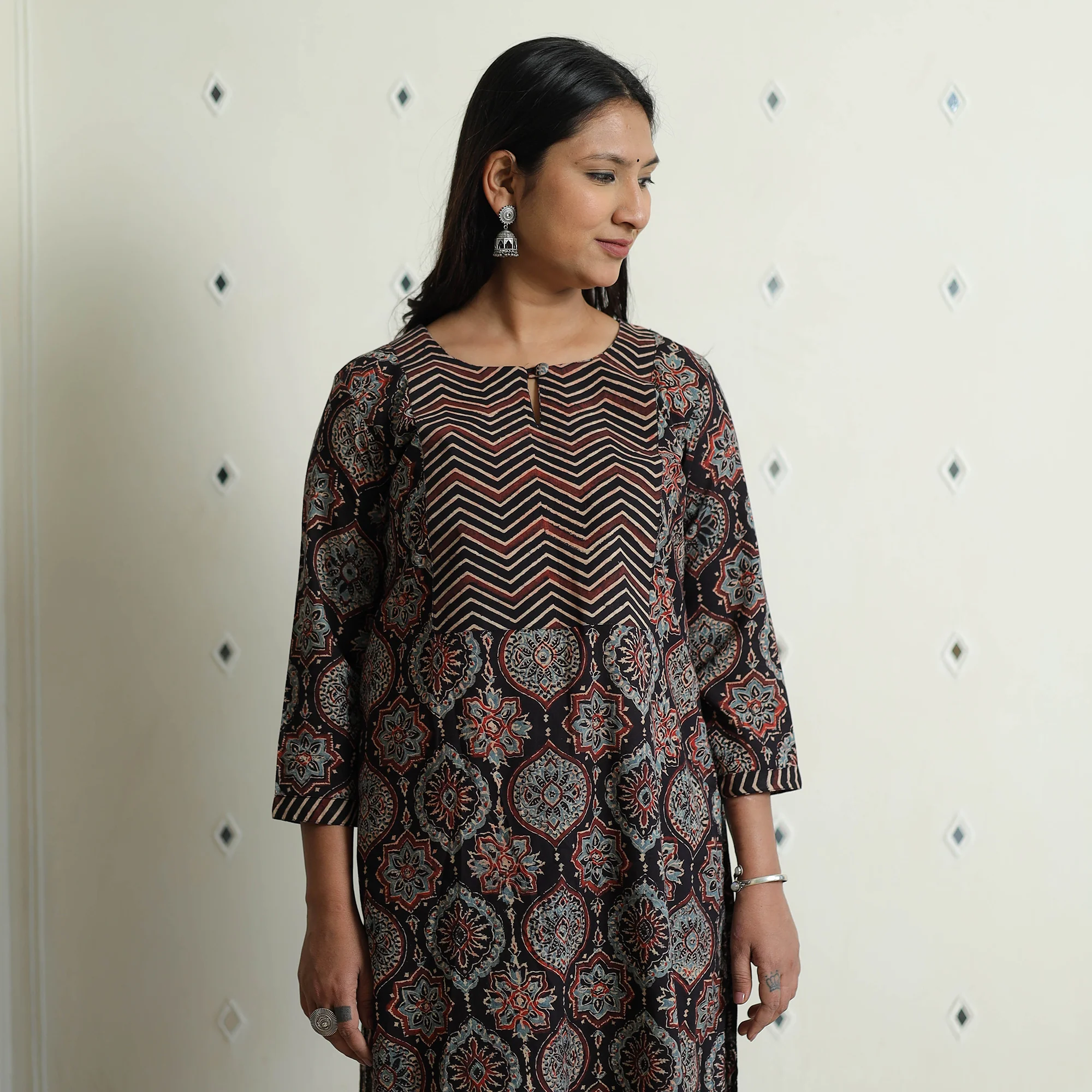 Black - Ajrakh Block Printed Cotton Kurta with Palazzo & Dupatta Set - Image 6