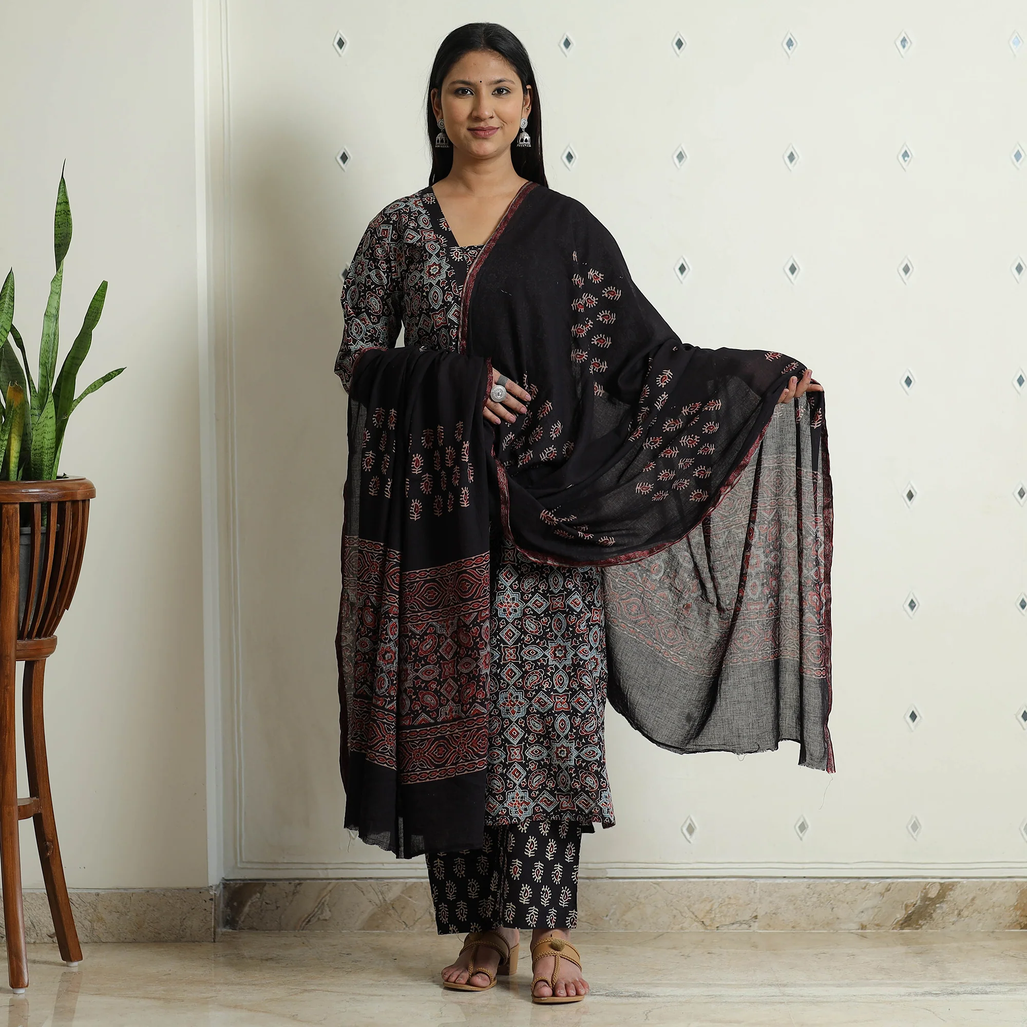 Black - Ajrakh Block Printed Cotton Kurta with Palazzo & Dupatta Set