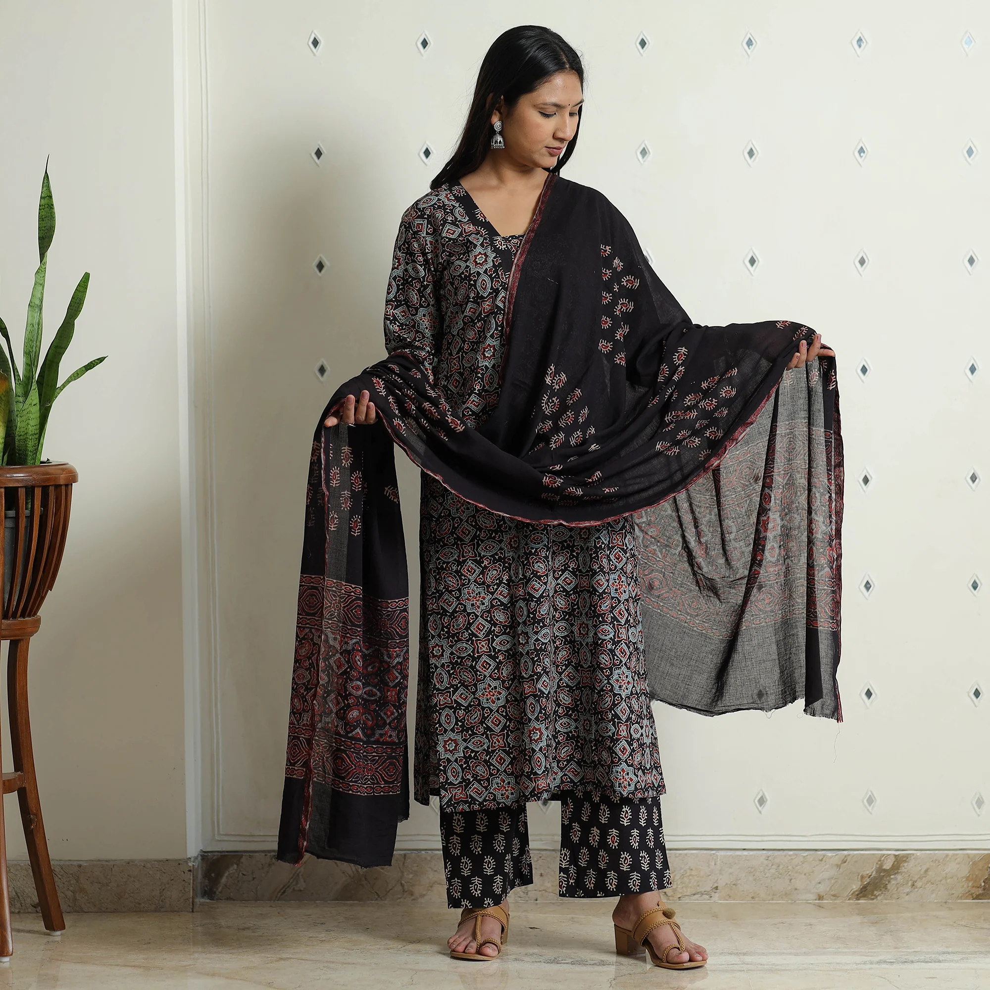 Black - Ajrakh Block Printed Cotton Kurta with Palazzo & Dupatta Set - Image 2