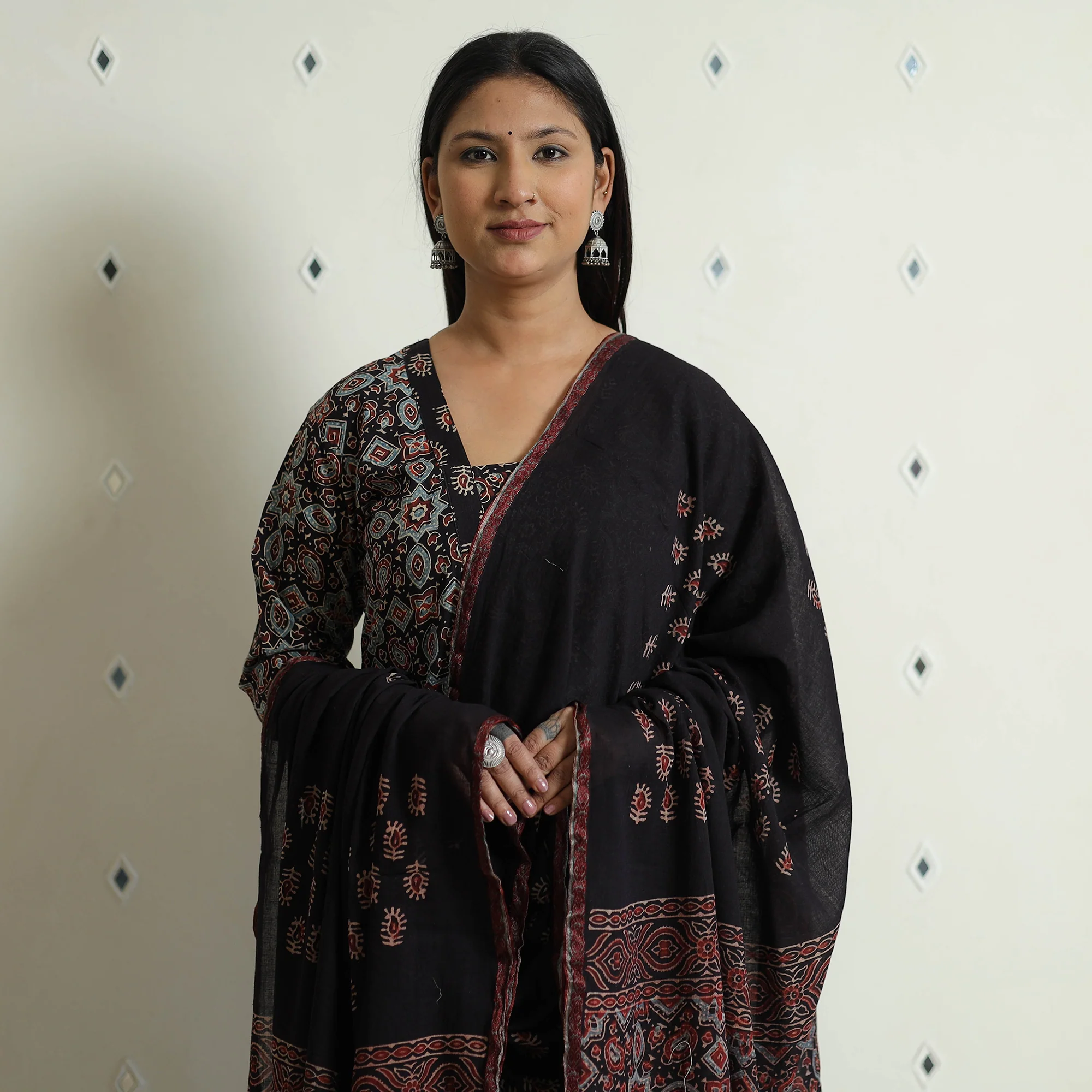 Black - Ajrakh Block Printed Cotton Kurta with Palazzo & Dupatta Set - Image 3