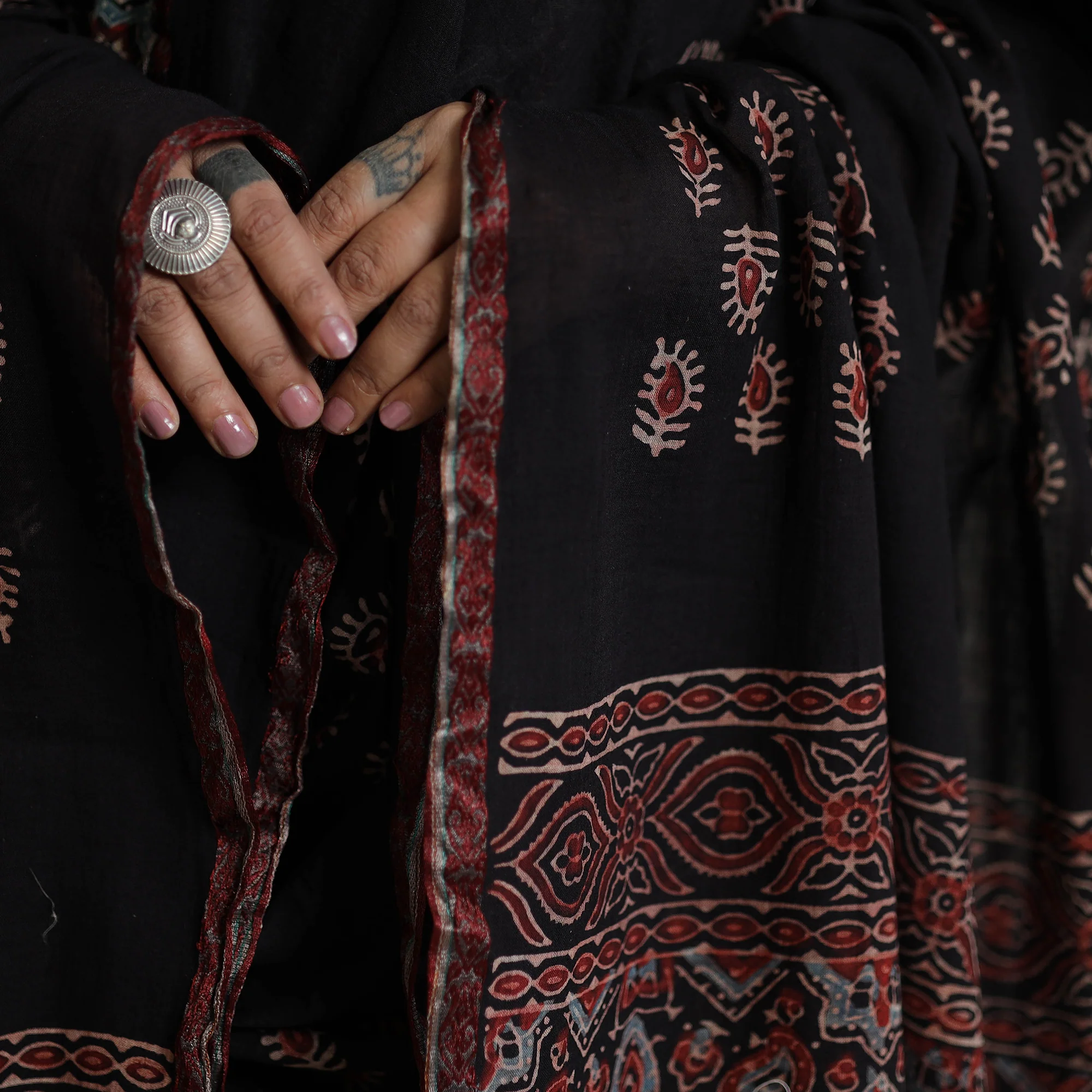 Black - Ajrakh Block Printed Cotton Kurta with Palazzo & Dupatta Set - Image 4
