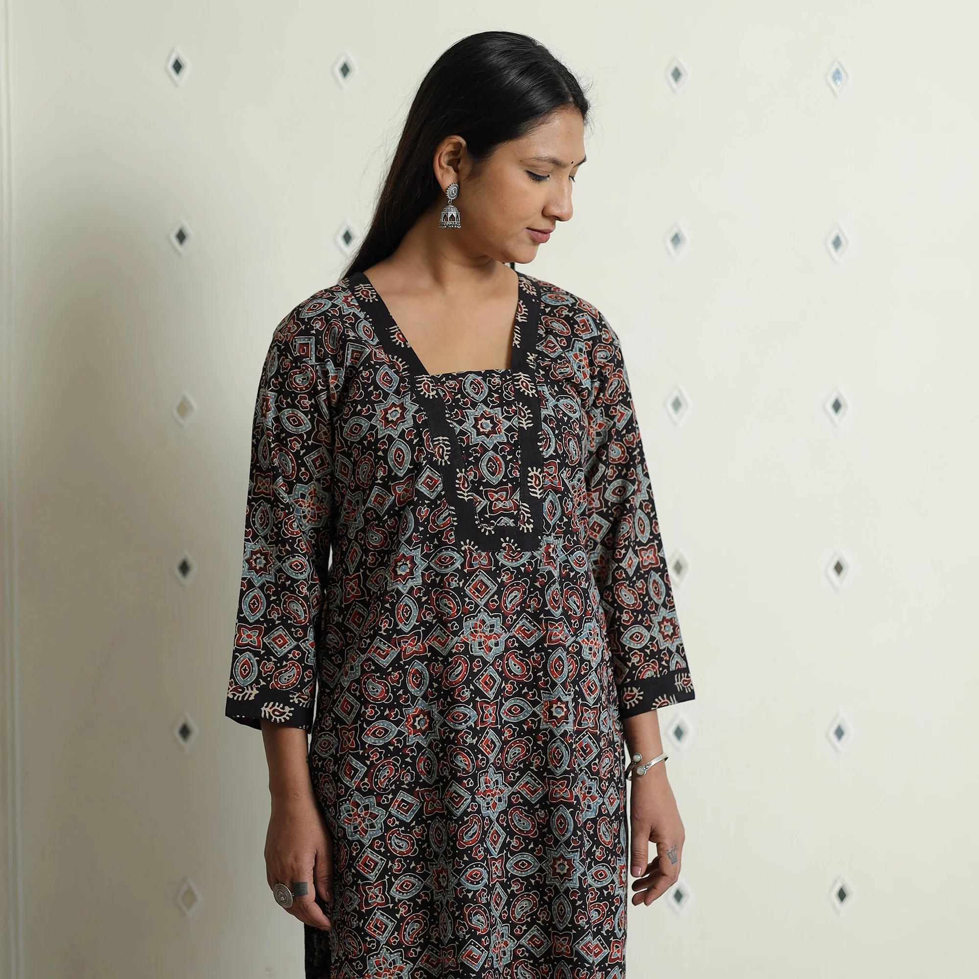 Black - Ajrakh Block Printed Cotton Kurta with Palazzo & Dupatta Set - Image 5