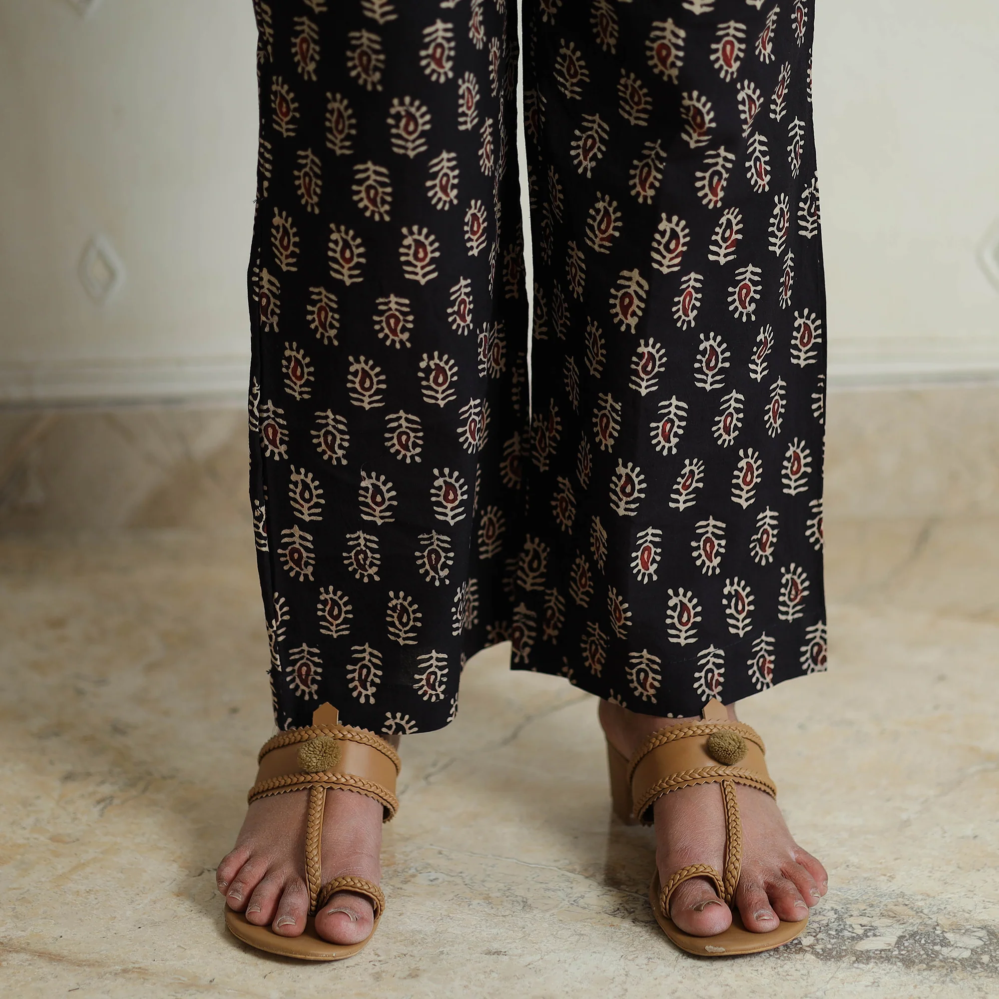 Black - Ajrakh Block Printed Cotton Kurta with Palazzo & Dupatta Set - Image 6