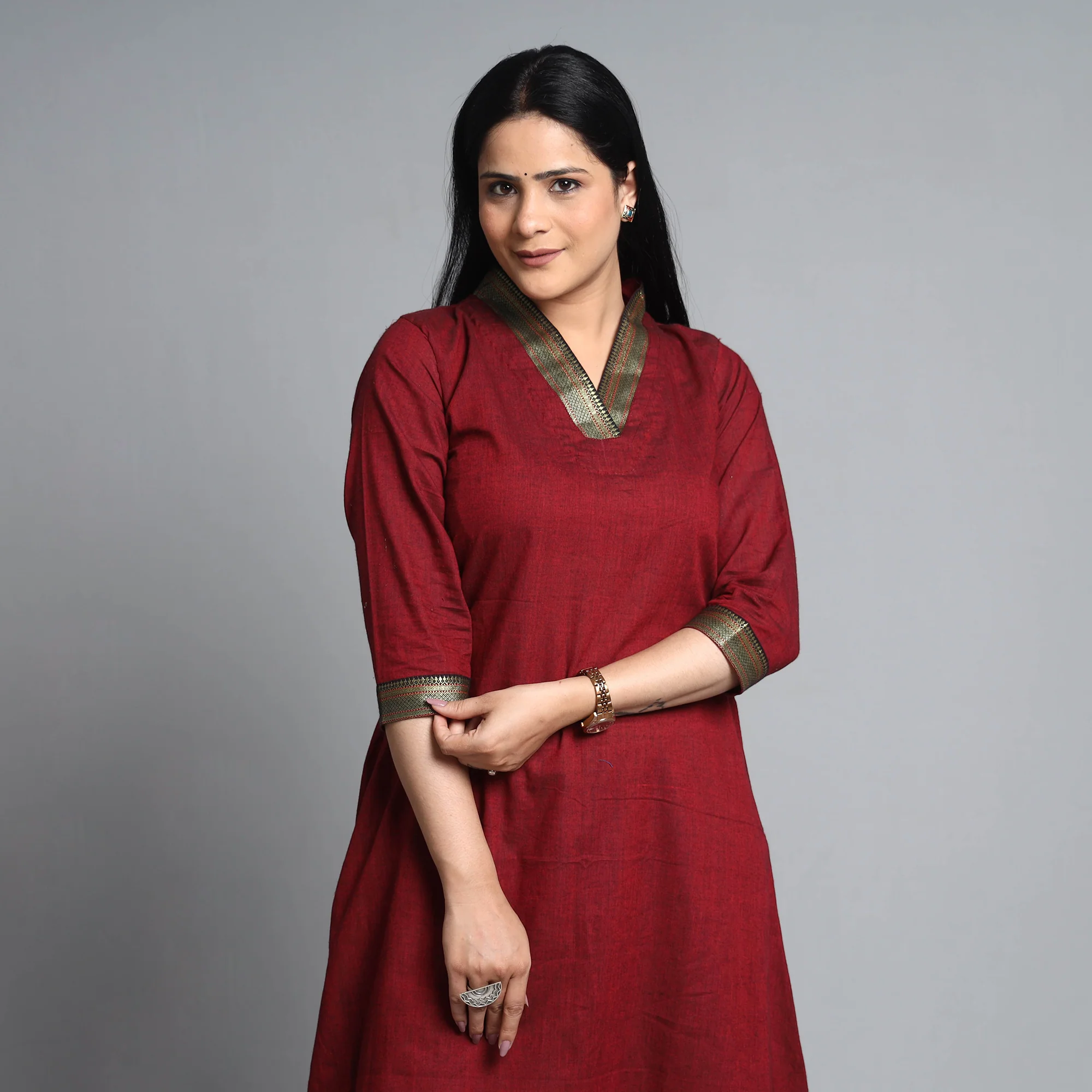 Maroon - Dharwad Cotton A-Line Kurta - Image 3