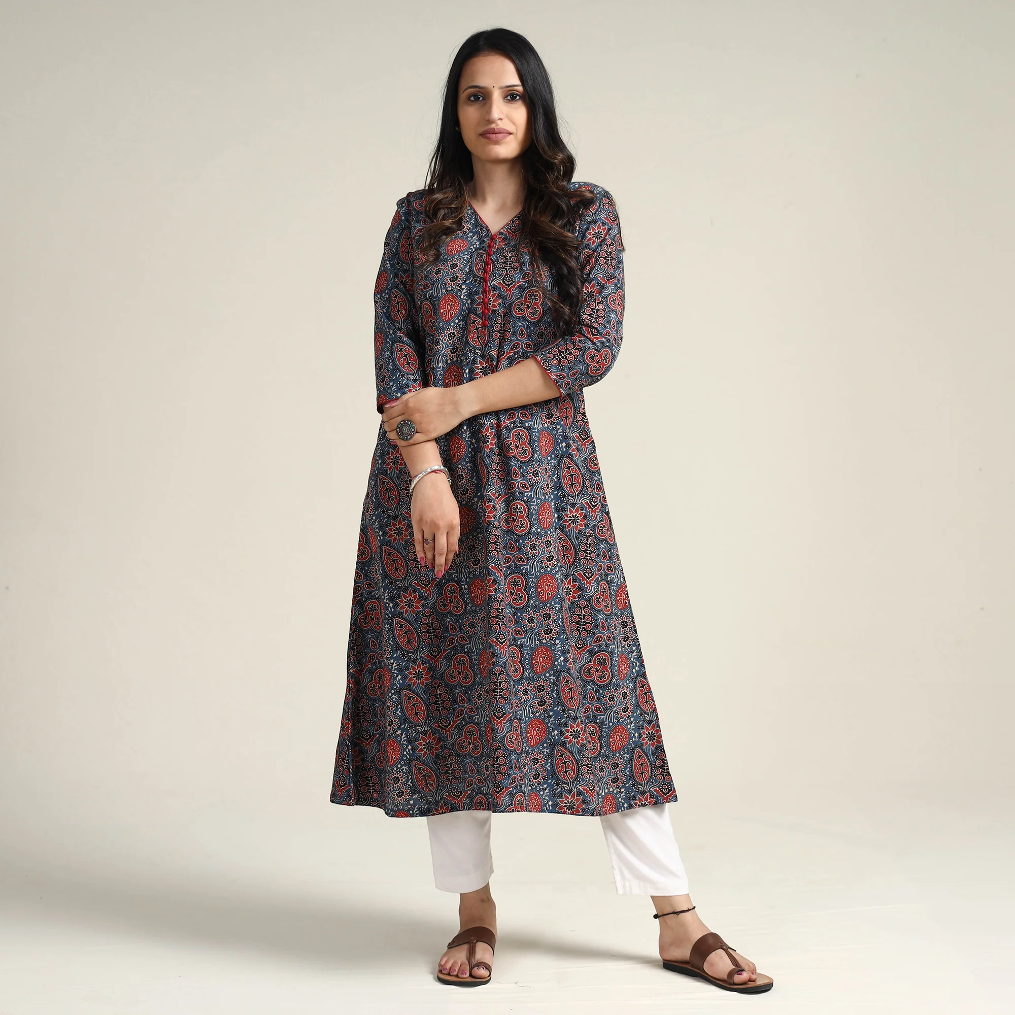 Blue - Ajrakh Block Printed Cotton Long Kurta - Image 2
