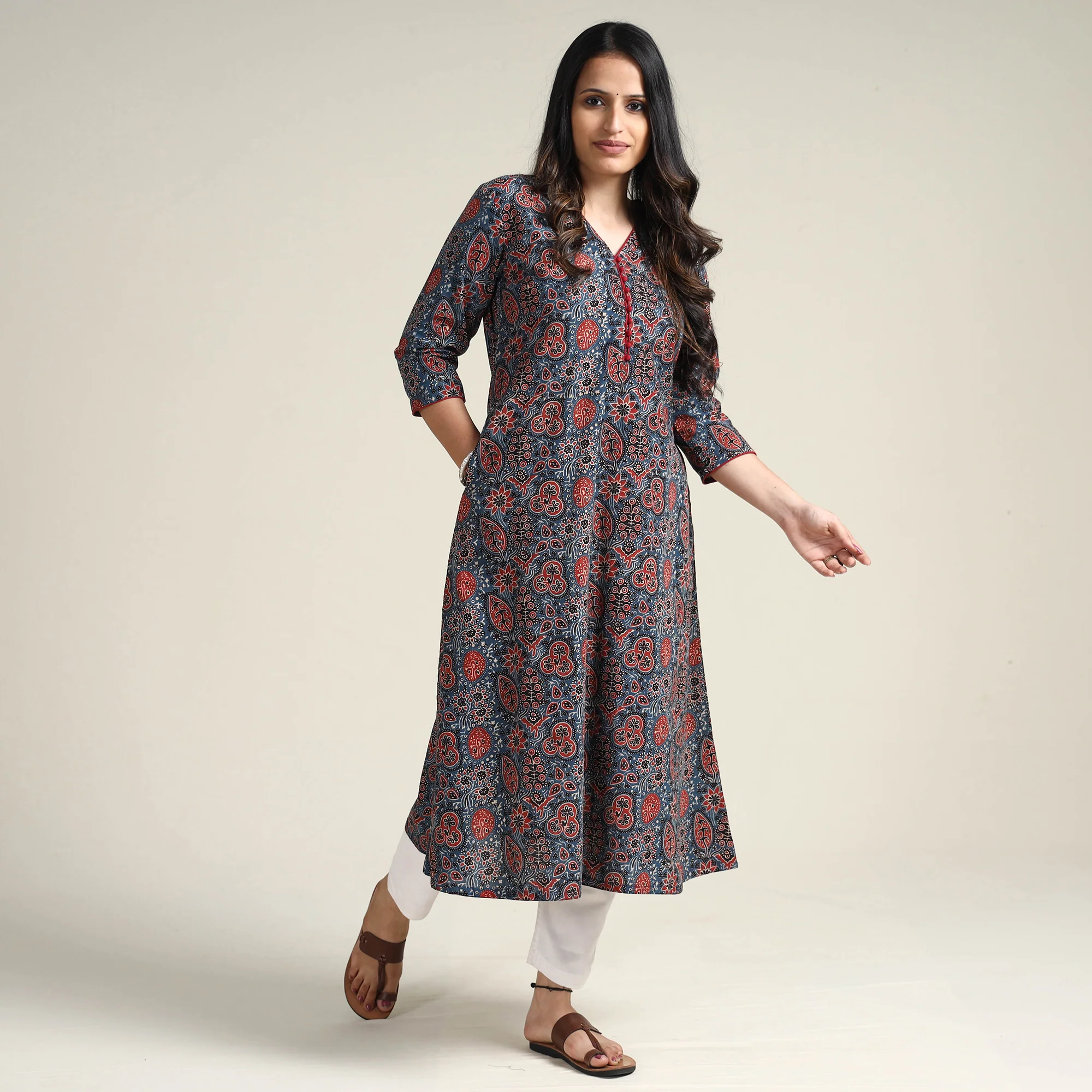 Blue - Ajrakh Block Printed Cotton Long Kurta - Image 3