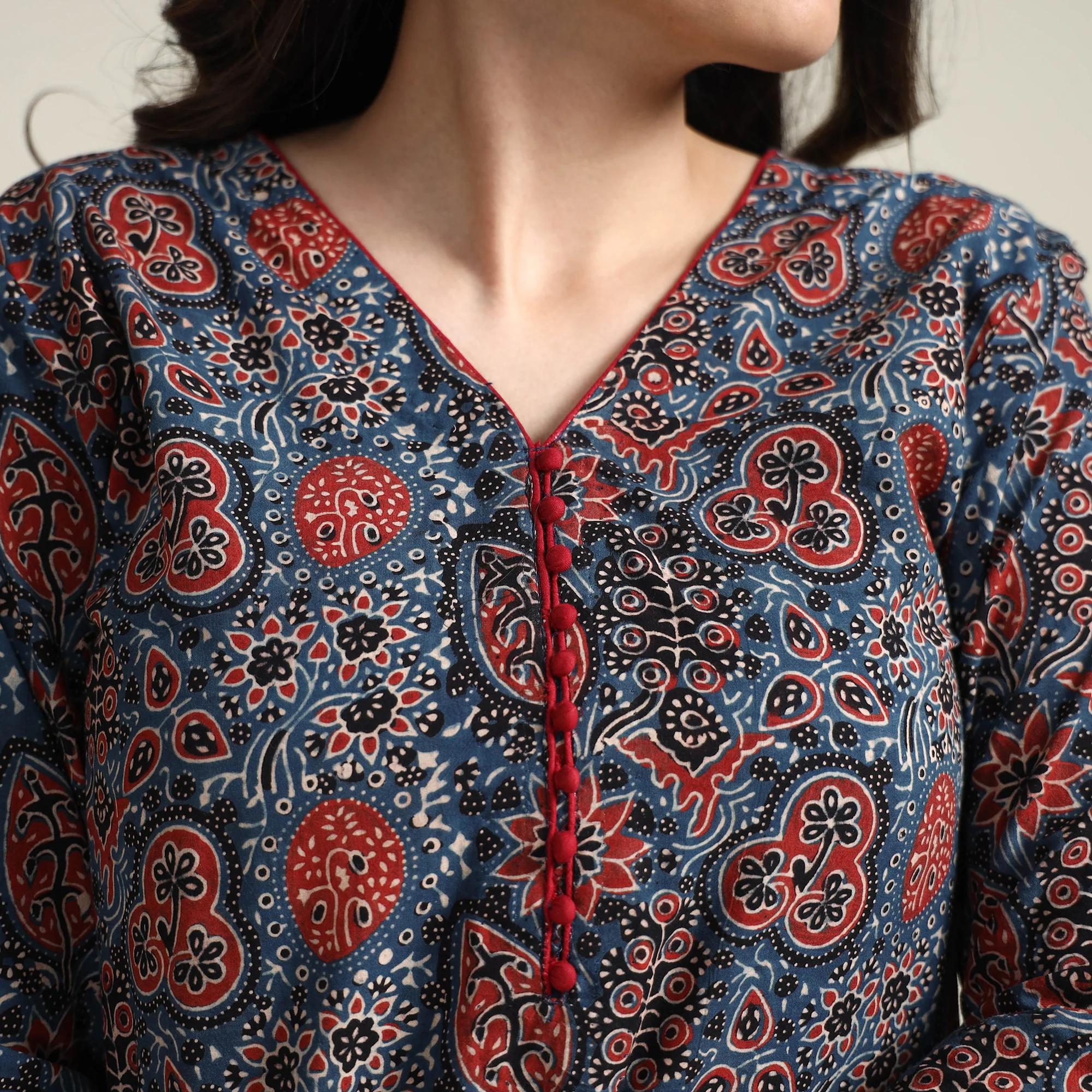 Blue - Ajrakh Block Printed Cotton Long Kurta - Image 4