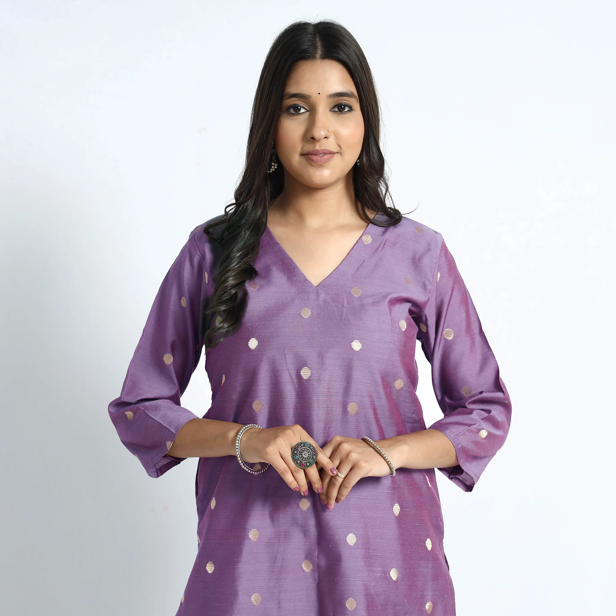 Purple - Polka Zari Buti Spun Dupion Silk Long Straight Kurta