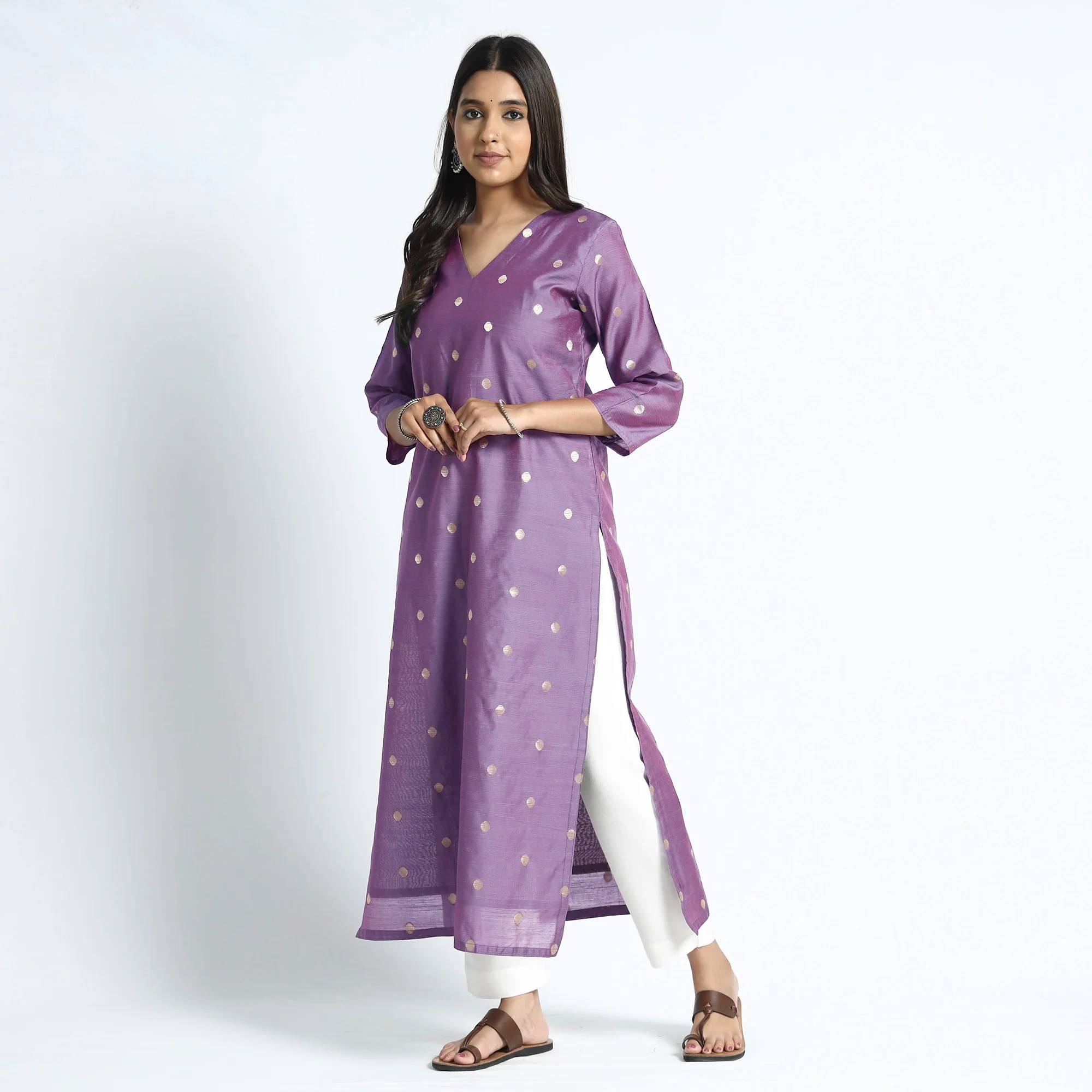 Purple - Polka Zari Buti Spun Dupion Silk Long Straight Kurta - Image 2