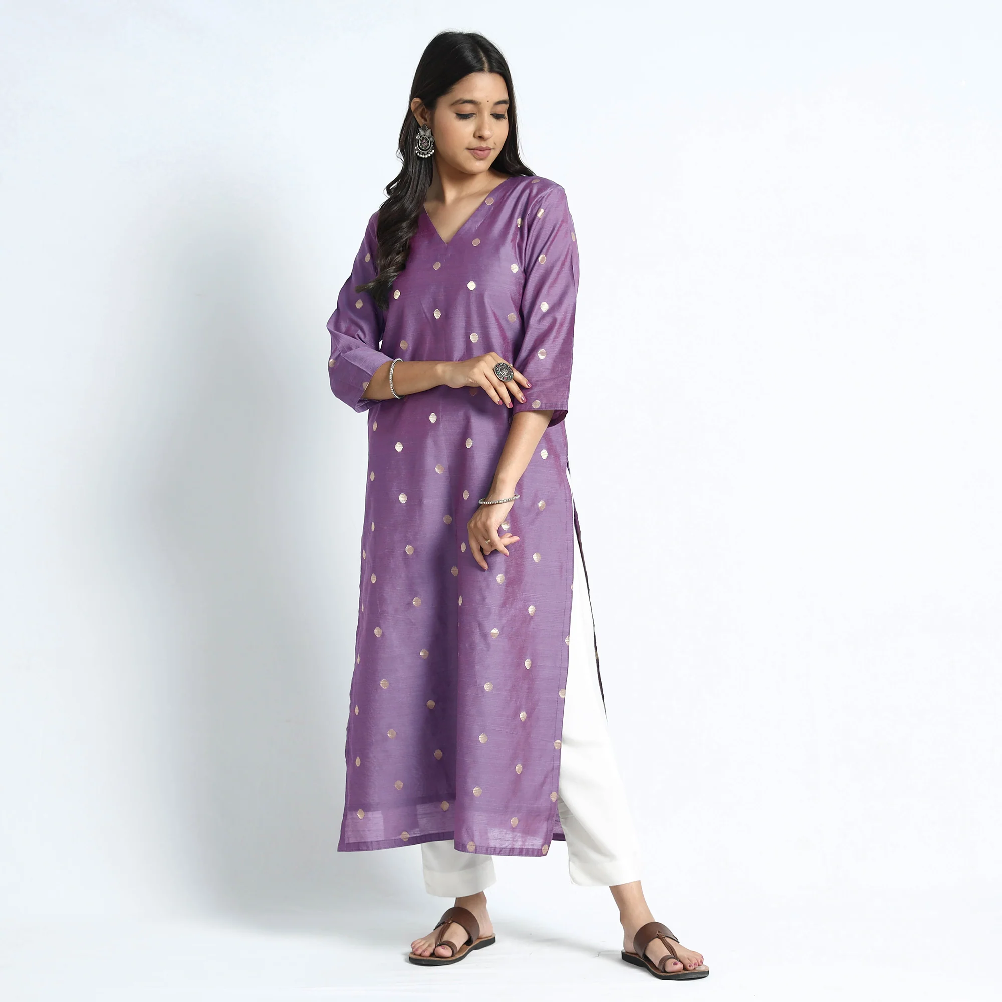 Purple - Polka Zari Buti Spun Dupion Silk Long Straight Kurta - Image 3