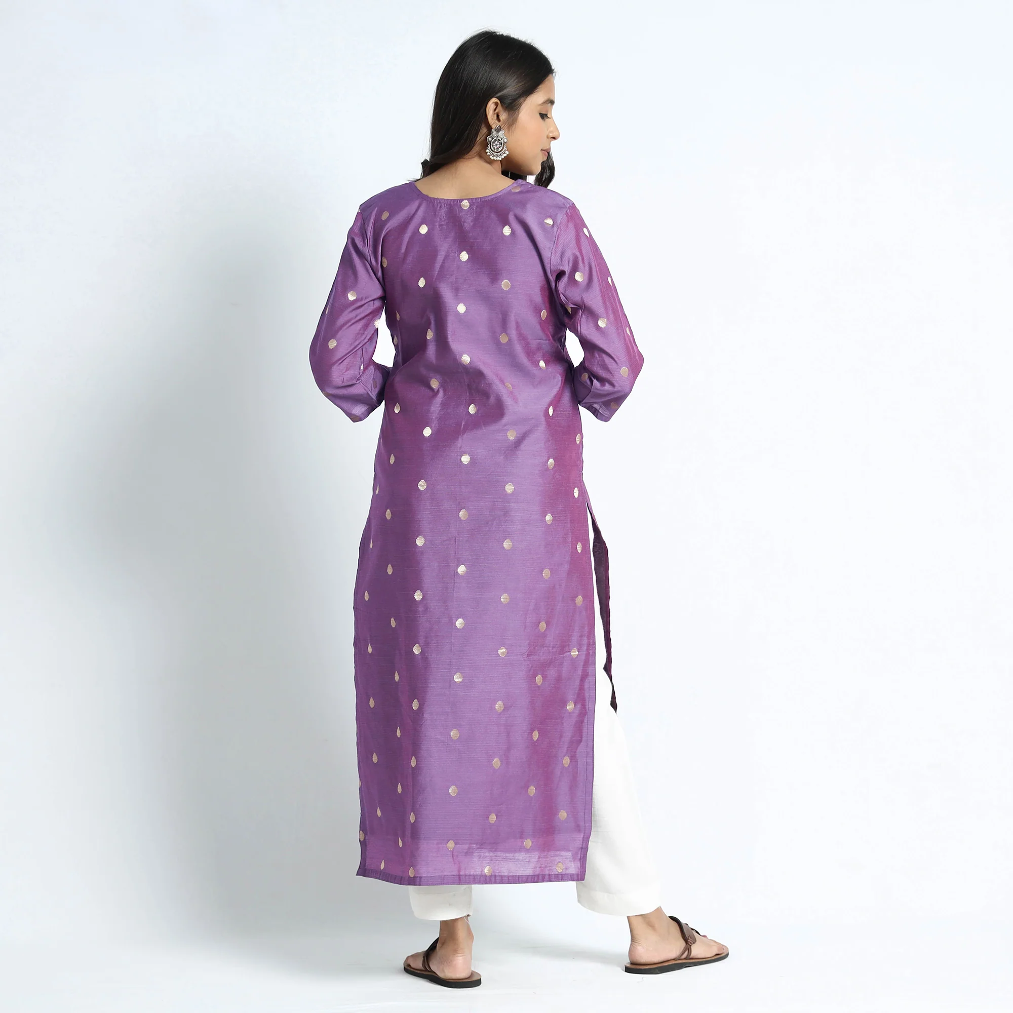 Purple - Polka Zari Buti Spun Dupion Silk Long Straight Kurta - Image 6