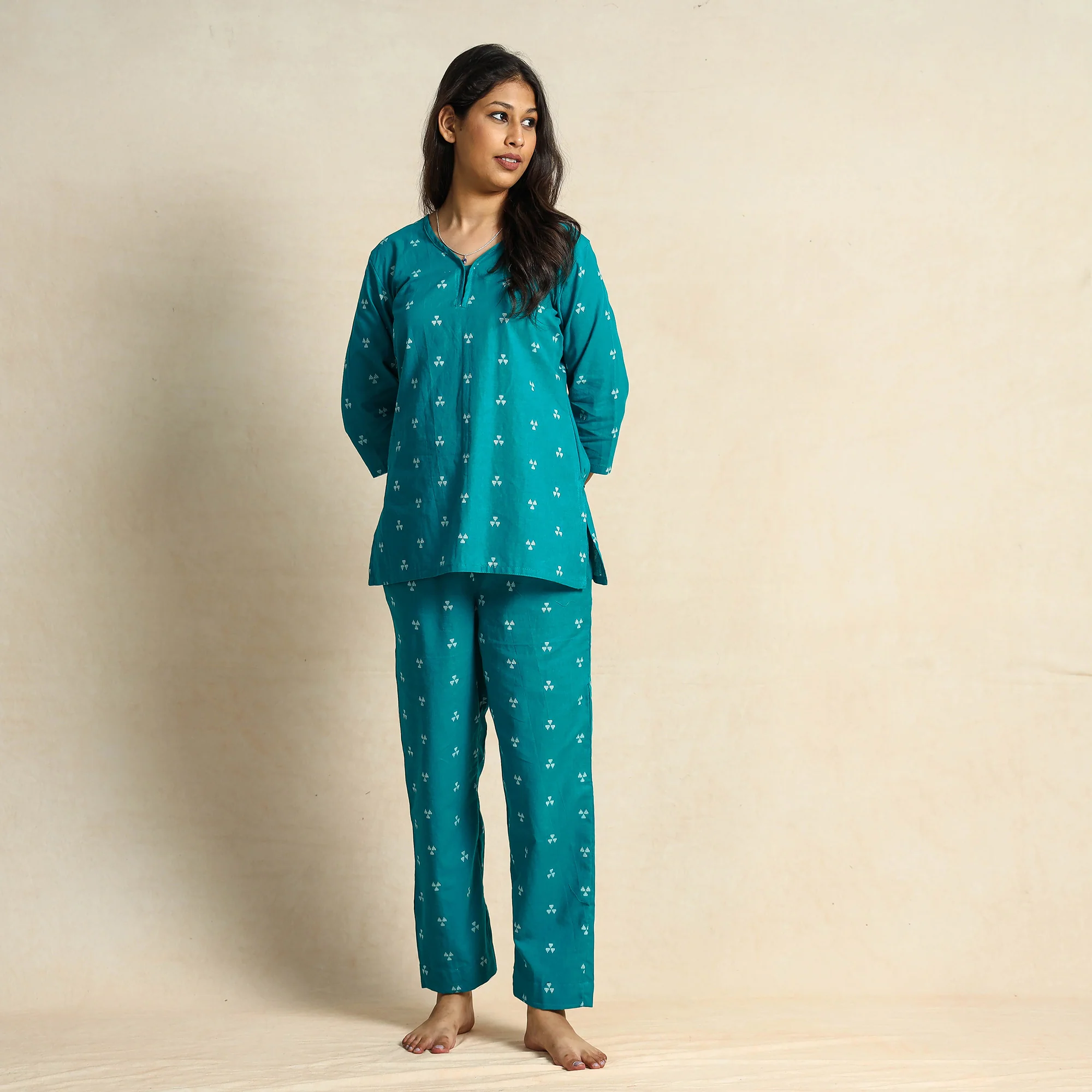 Blue - Jacquard Cotton Top & Pyjama Night Suit Set - Image 2