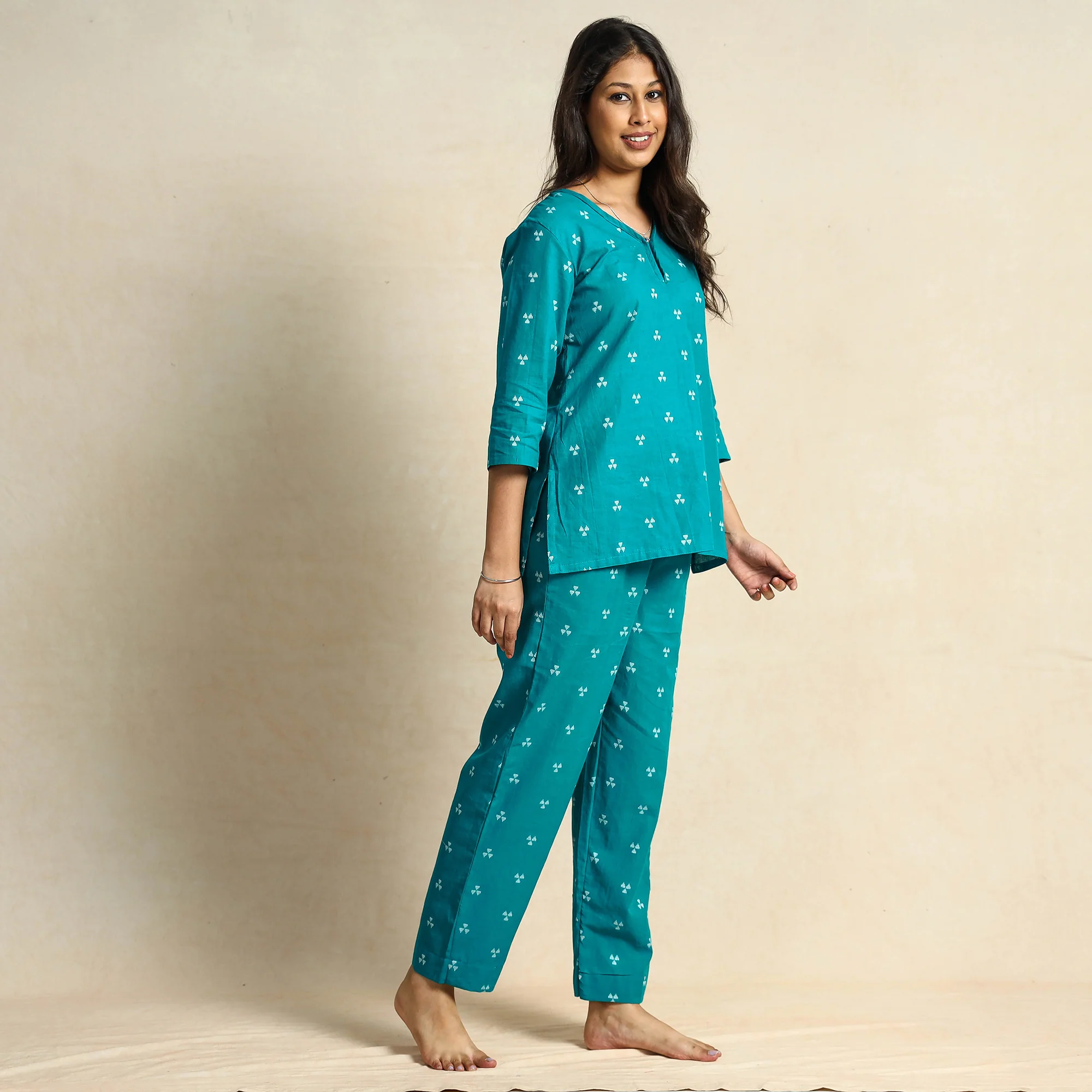 Blue - Jacquard Cotton Top & Pyjama Night Suit Set - Image 3