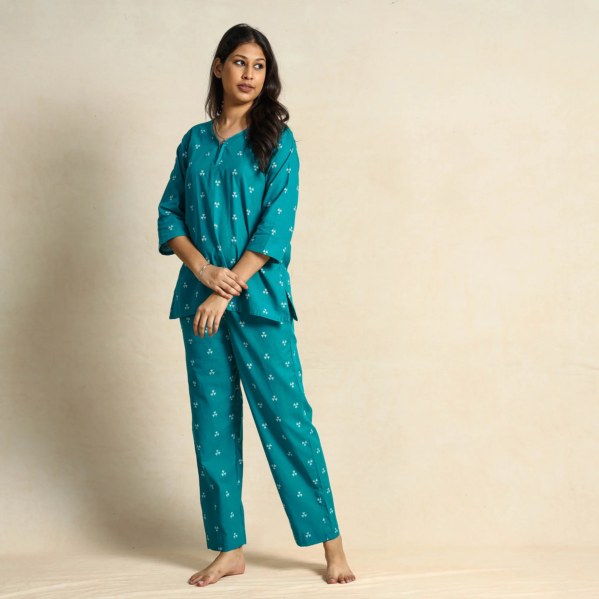 Blue - Jacquard Cotton Top & Pyjama Night Suit Set - Image 4