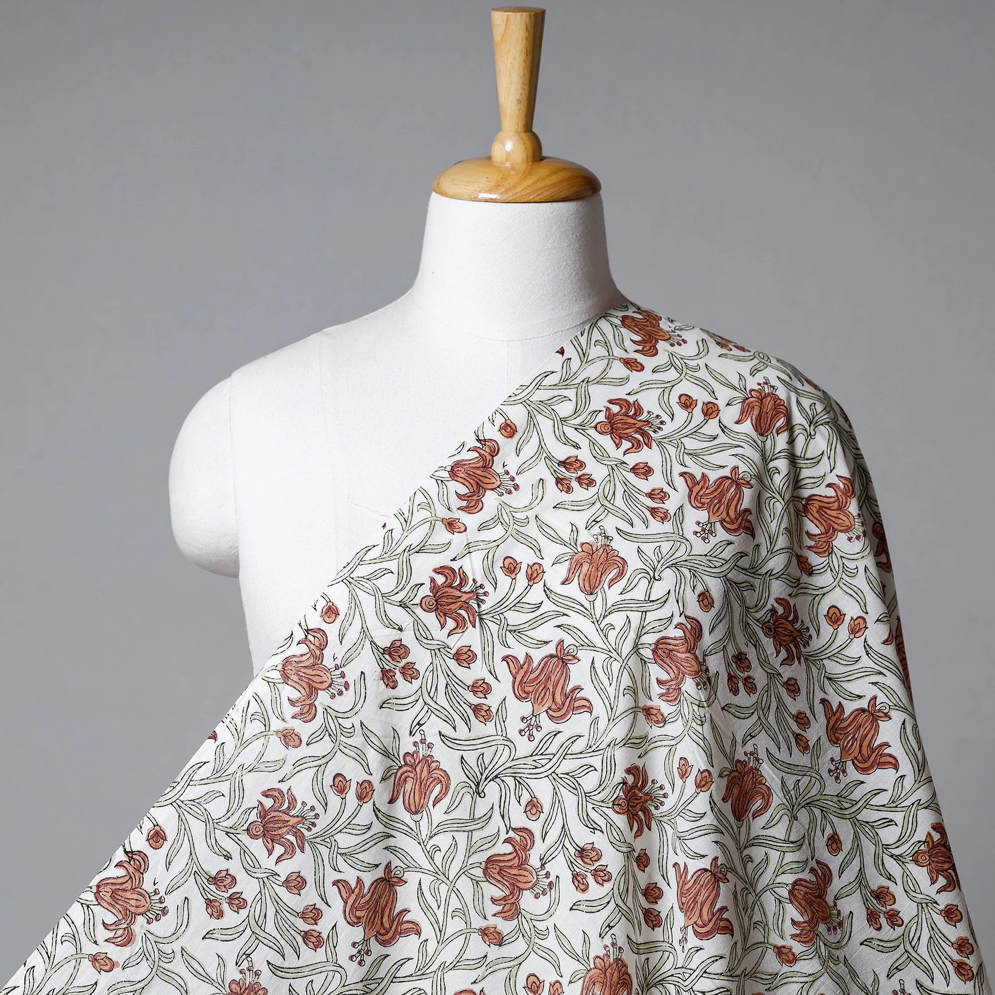Multicolor - Brown Flower With Leafy Jaal Sanganeri Block Printed Cotton Fabric