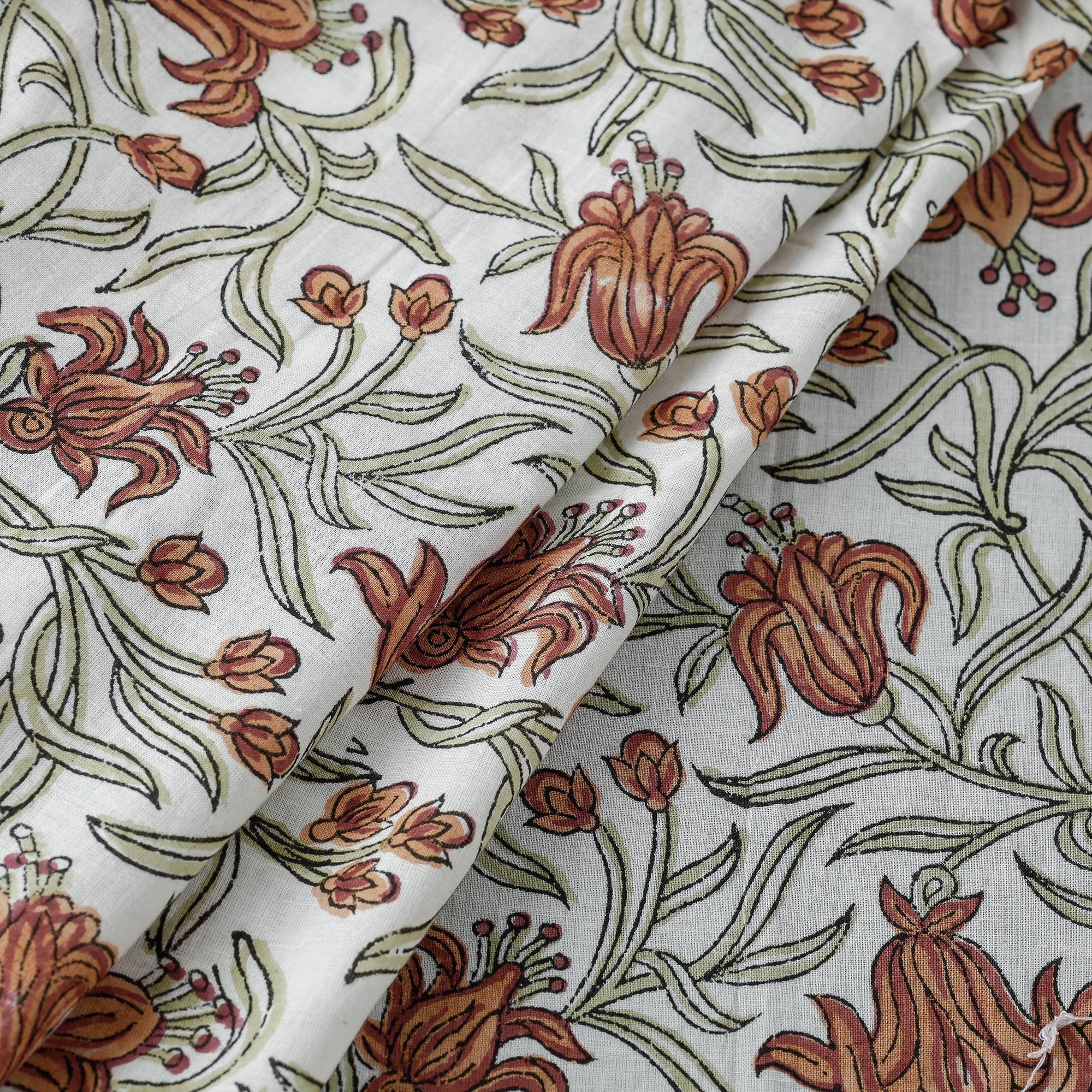 Multicolor - Brown Flower With Leafy Jaal Sanganeri Block Printed Cotton Fabric - Image 2
