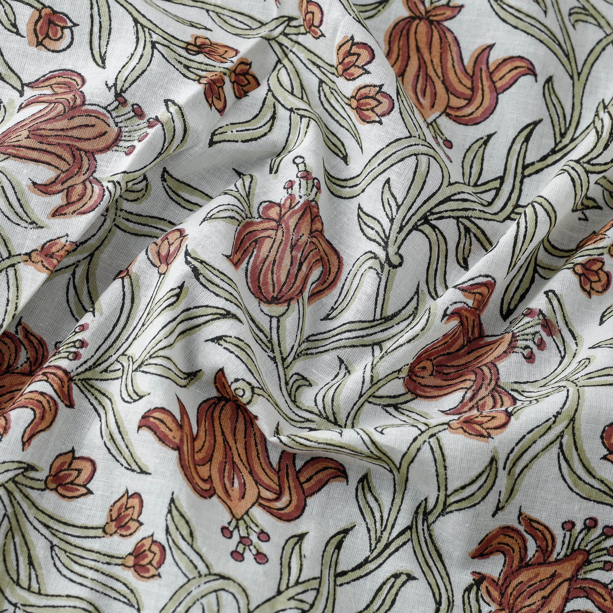 Multicolor - Brown Flower With Leafy Jaal Sanganeri Block Printed Cotton Fabric - Image 3