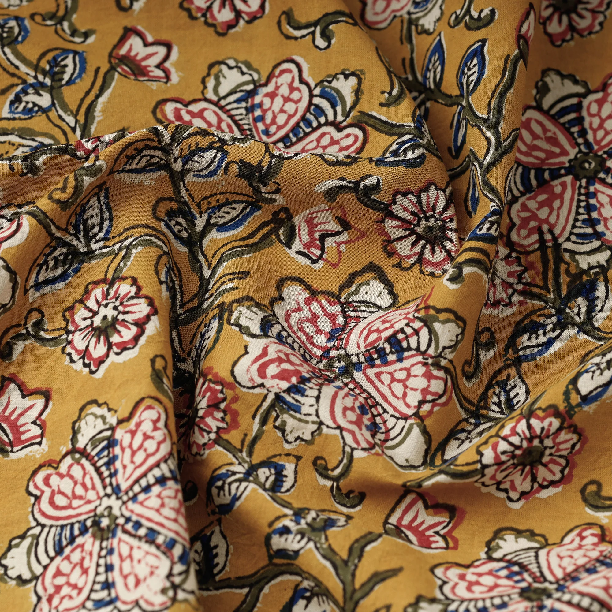 Brown - Florals Kalamkari Bagru Block Print Cotton Fabric 08 - Image 3