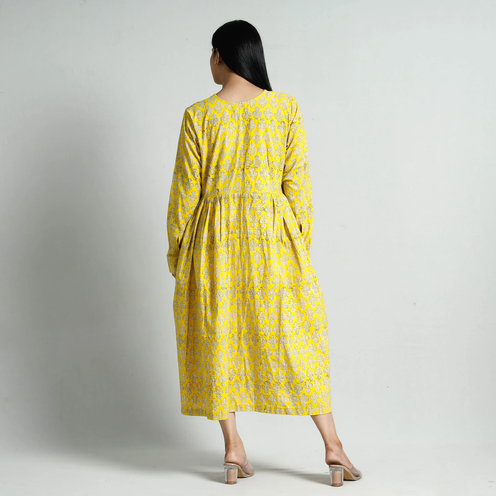 Yellow - Bagru Block Printed Cotton Flared Dress - Image 7