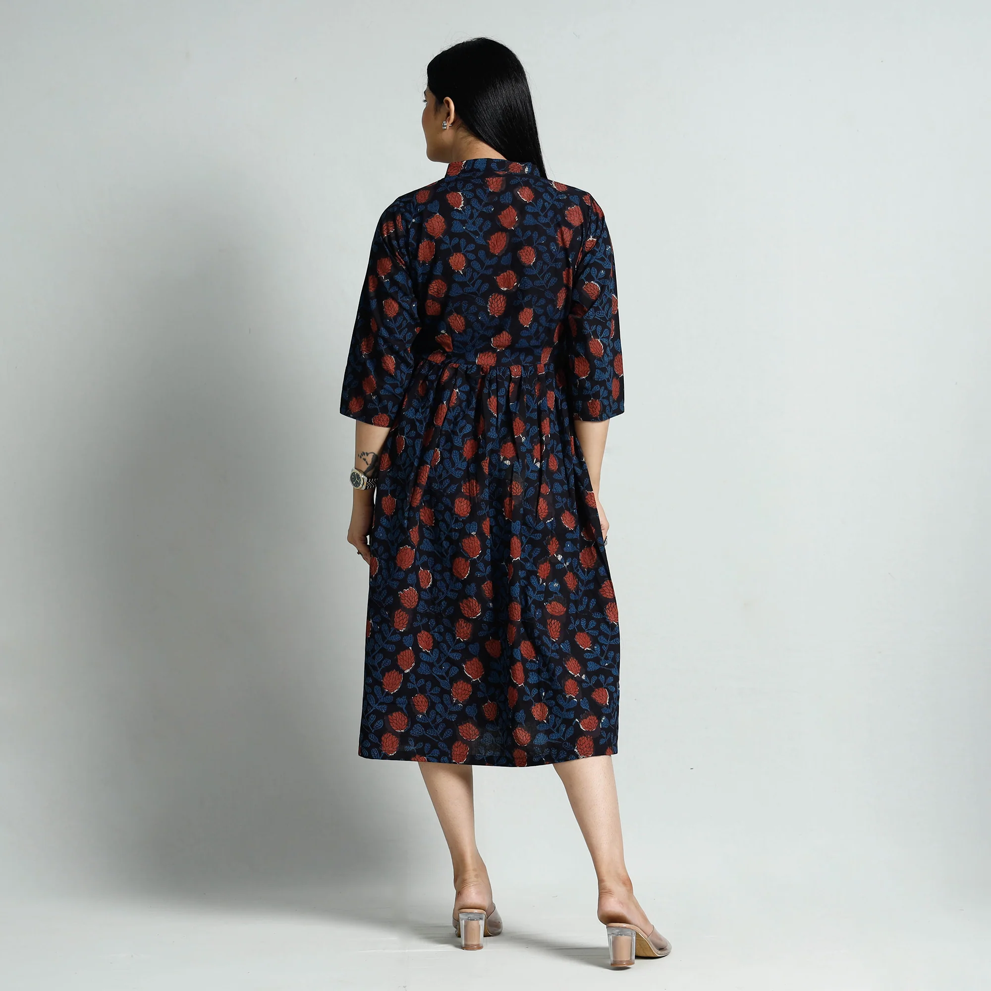 Black - Bagru Block Printed Cotton Flared Dress - Image 7