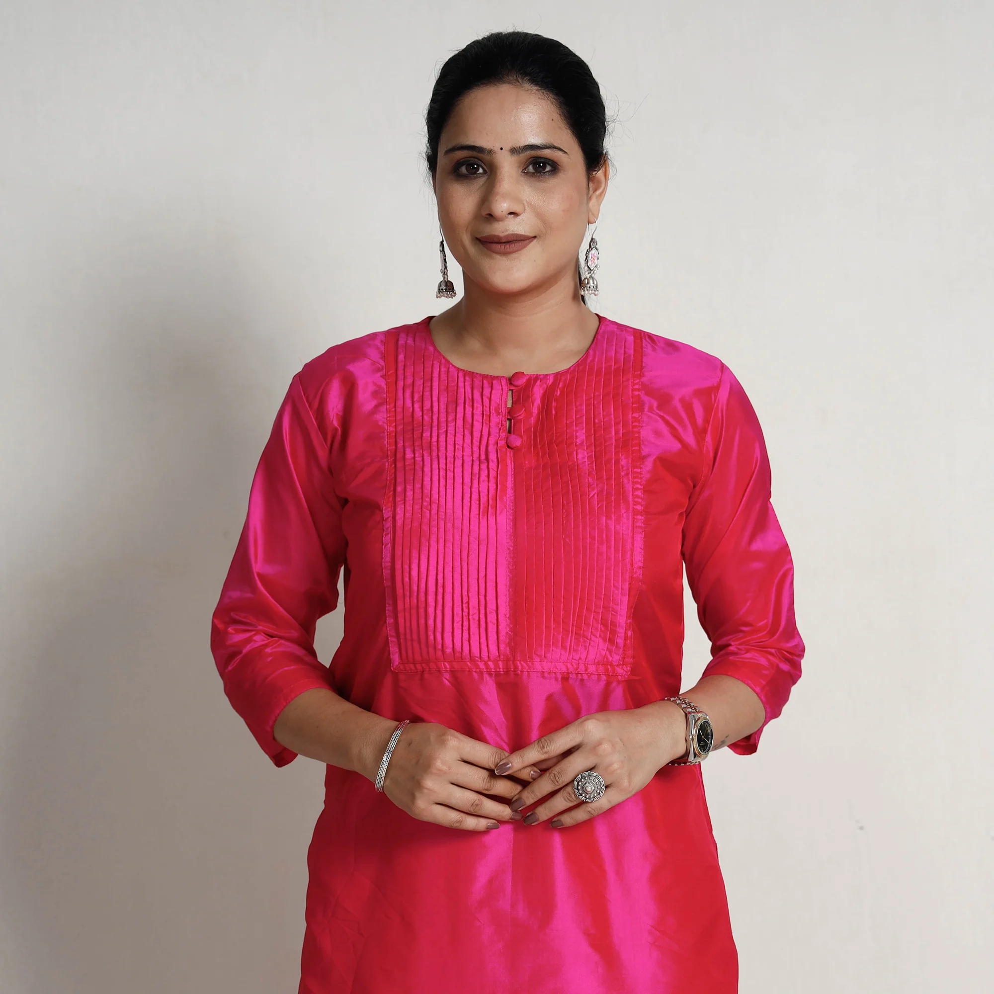Ethnic Dark Pink - Plain Pintuck Pure Silk Straight Kurta