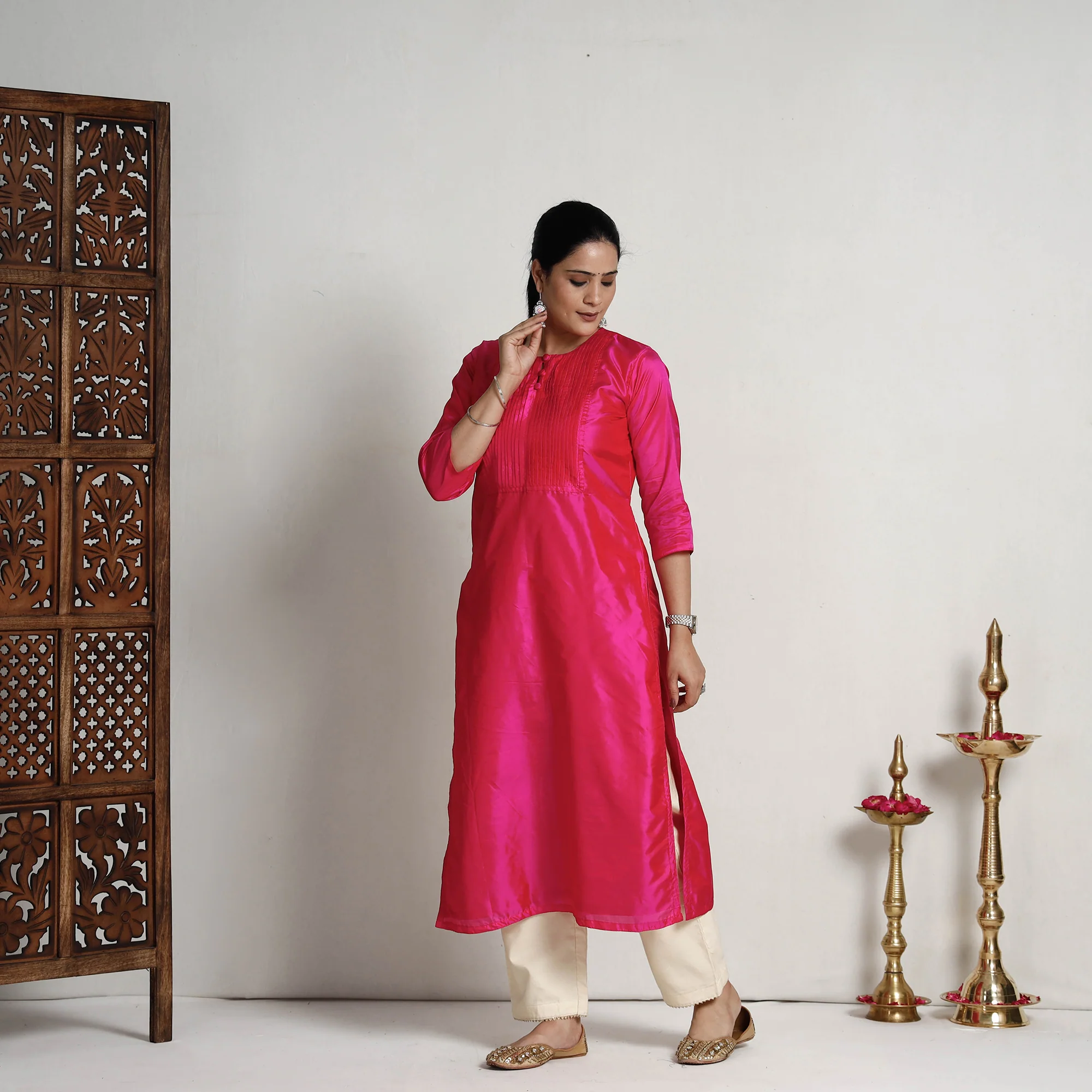Ethnic Dark Pink - Plain Pintuck Pure Silk Straight Kurta - Image 2