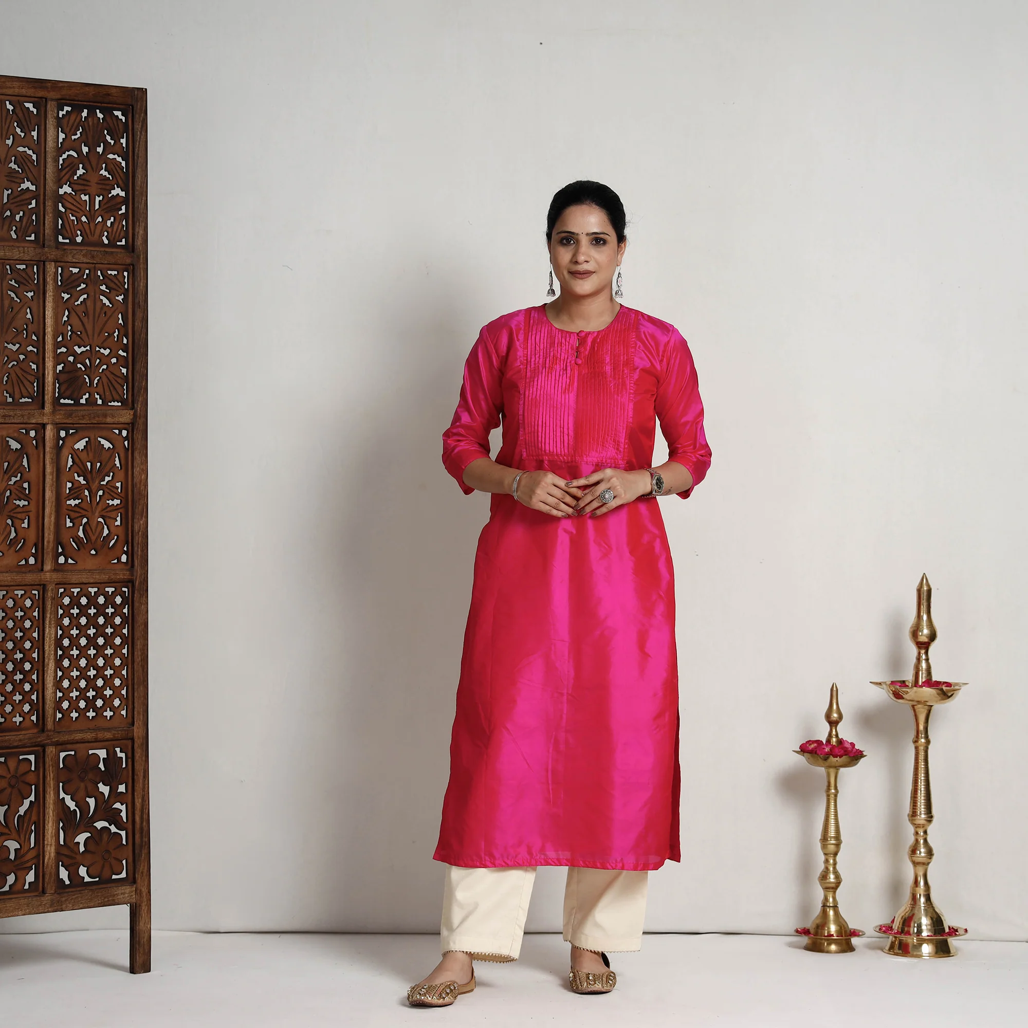 Ethnic Dark Pink - Plain Pintuck Pure Silk Straight Kurta - Image 3