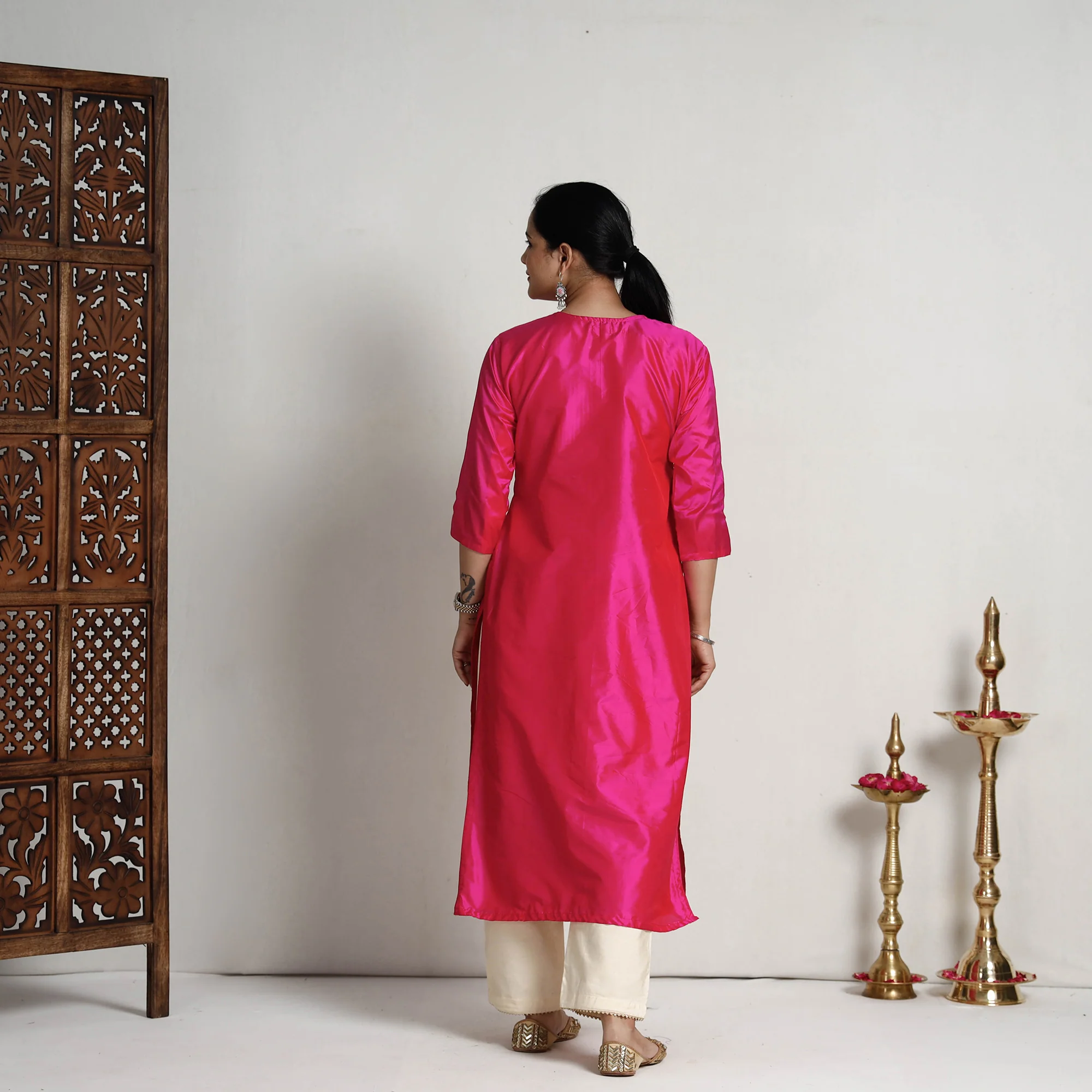 Ethnic Dark Pink - Plain Pintuck Pure Silk Straight Kurta - Image 7