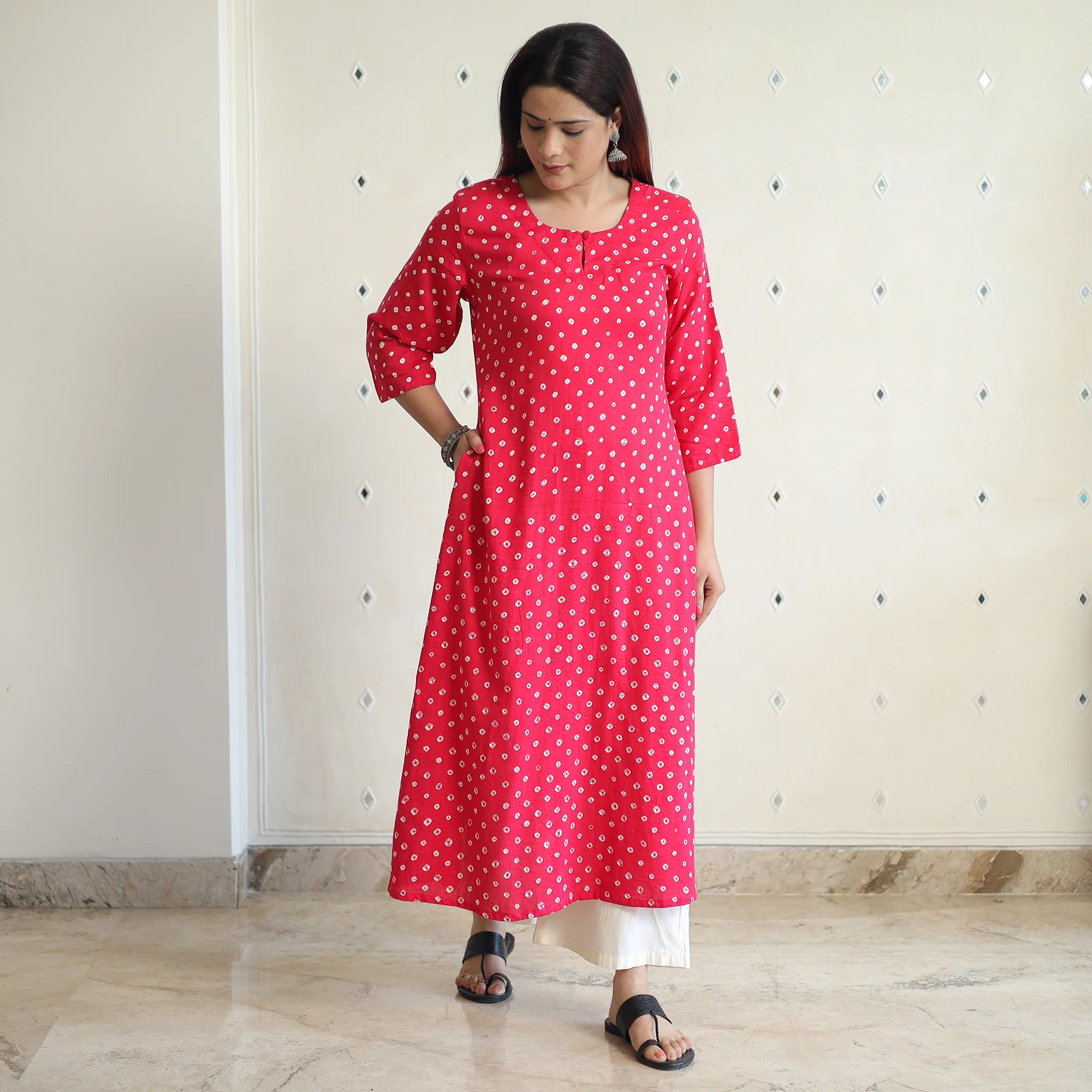 Pink - Bandhani Tie-Dye Cotton A-Line Kurta 05 - Image 3