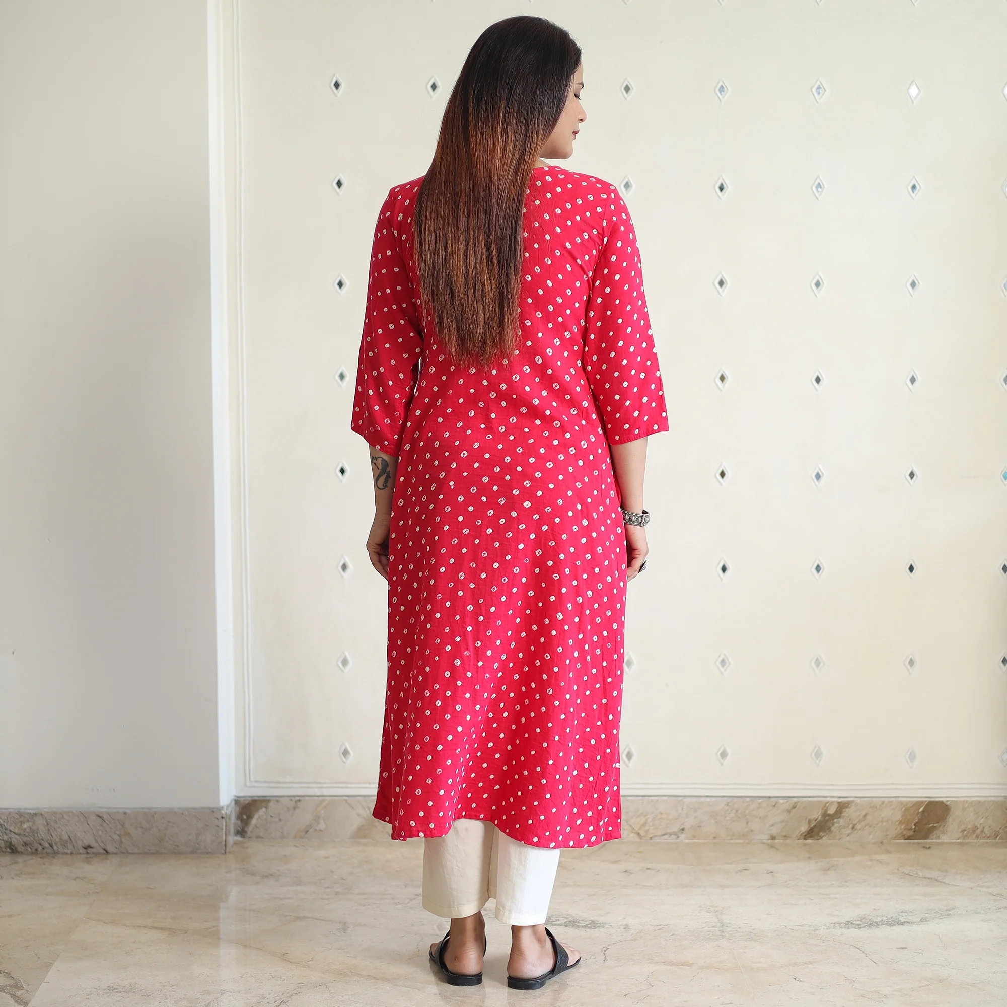 Pink - Bandhani Tie-Dye Cotton A-Line Kurta 05 - Image 4