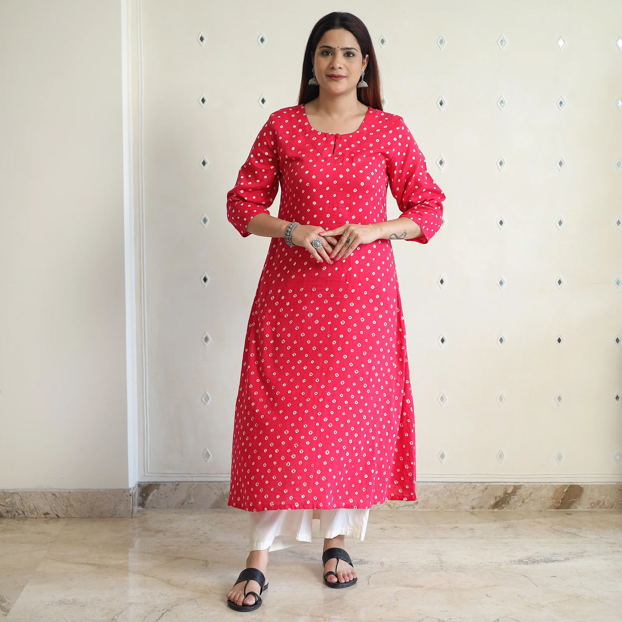 Pink - Bandhani Tie-Dye Cotton A-Line Kurta 05 - Image 7