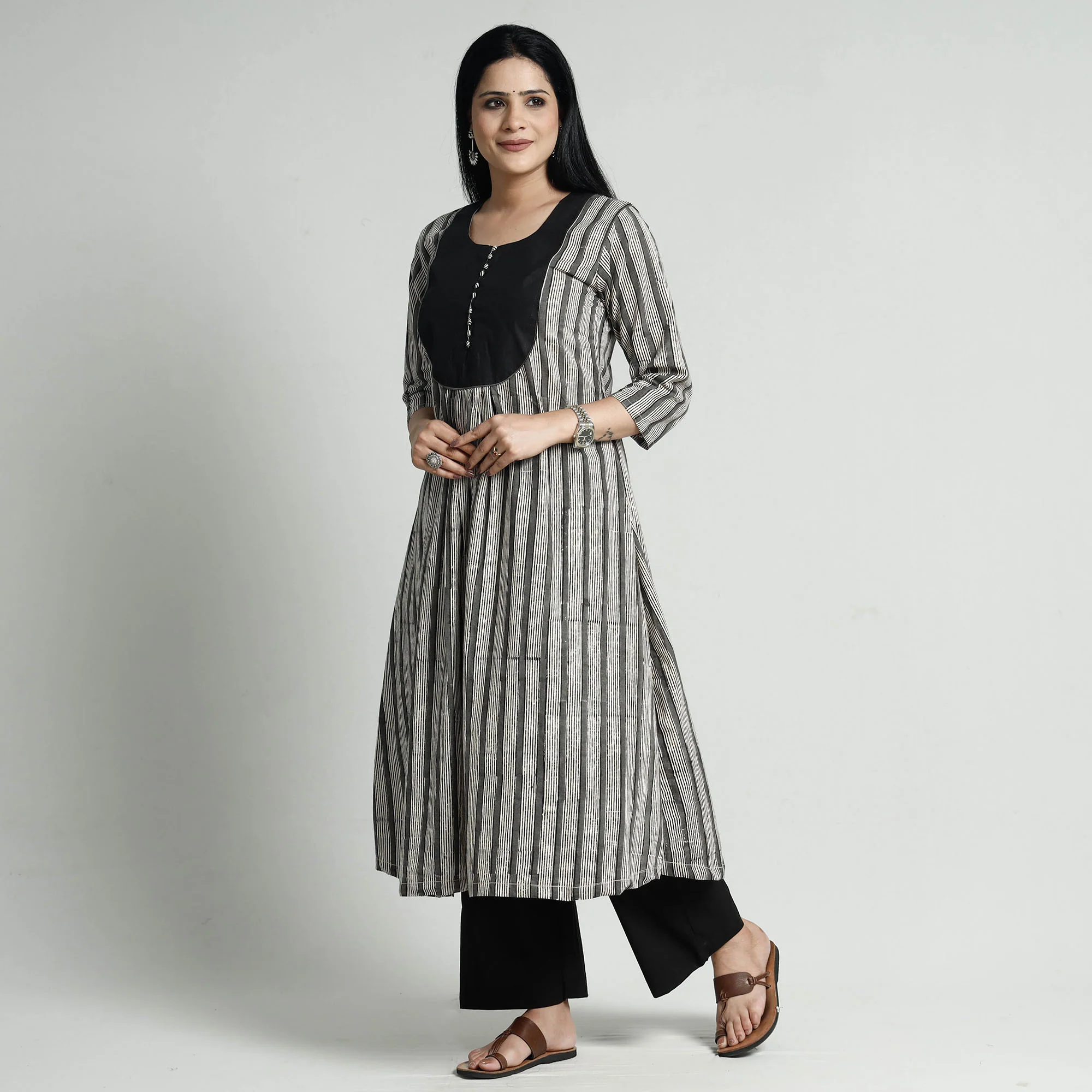 Grey - Bagru Block Printed Cotton Kurta with Palazzo Set