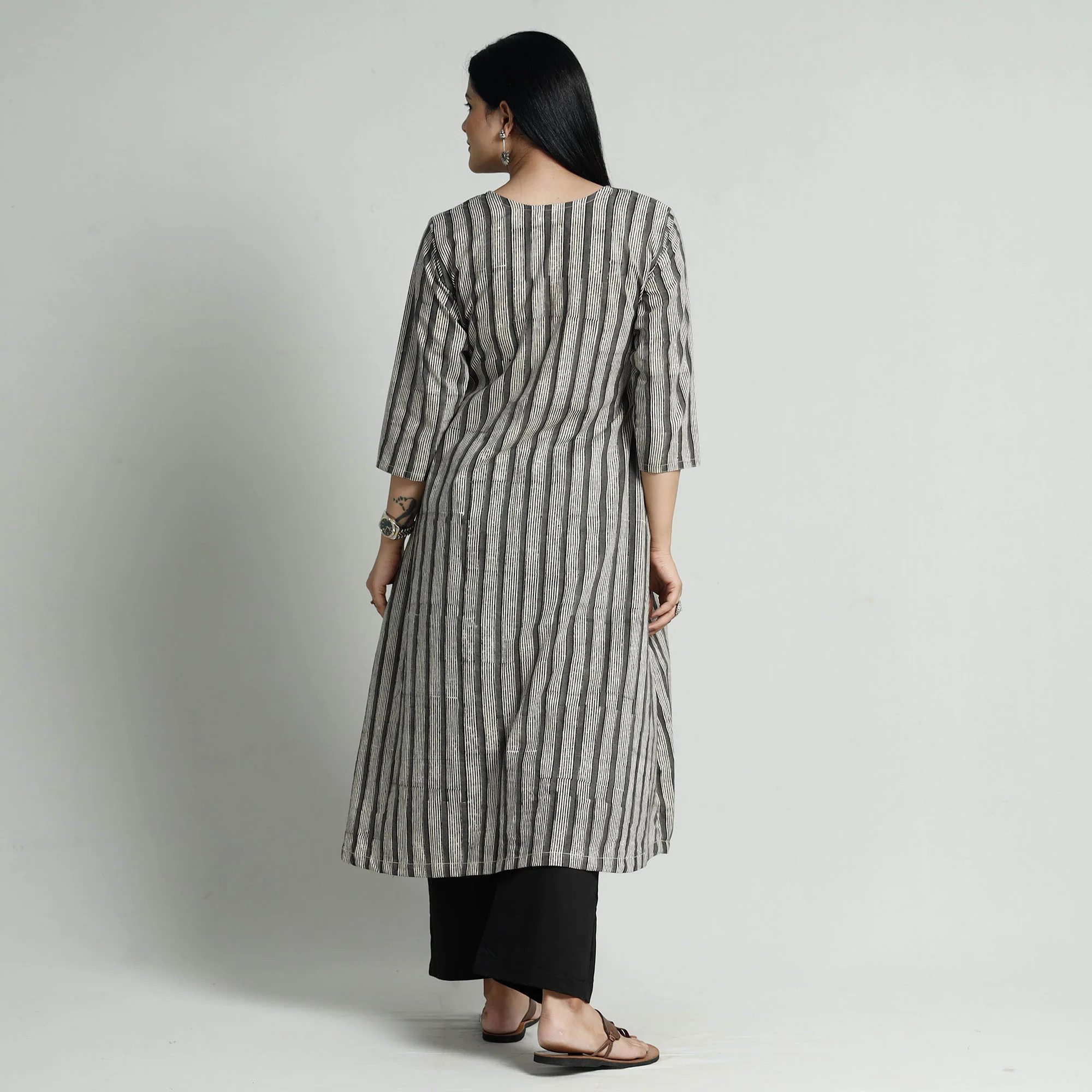 Grey - Bagru Block Printed Cotton Kurta with Palazzo Set - Image 8