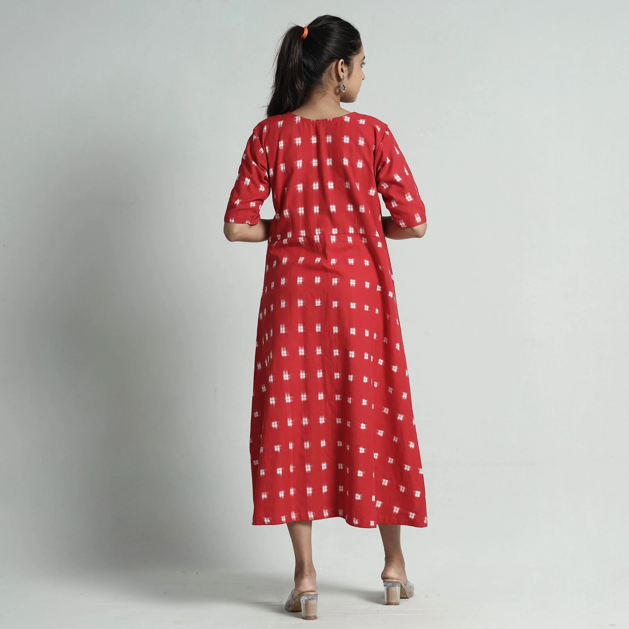 Red - Pochampally Double Ikat Weave Cotton Dress - Image 4