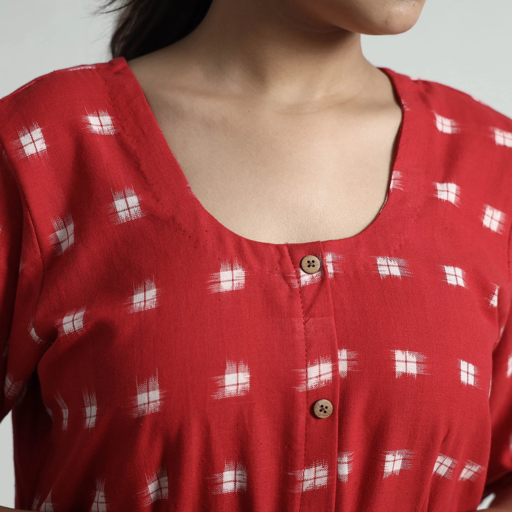 Red - Pochampally Double Ikat Weave Cotton Dress - Image 5