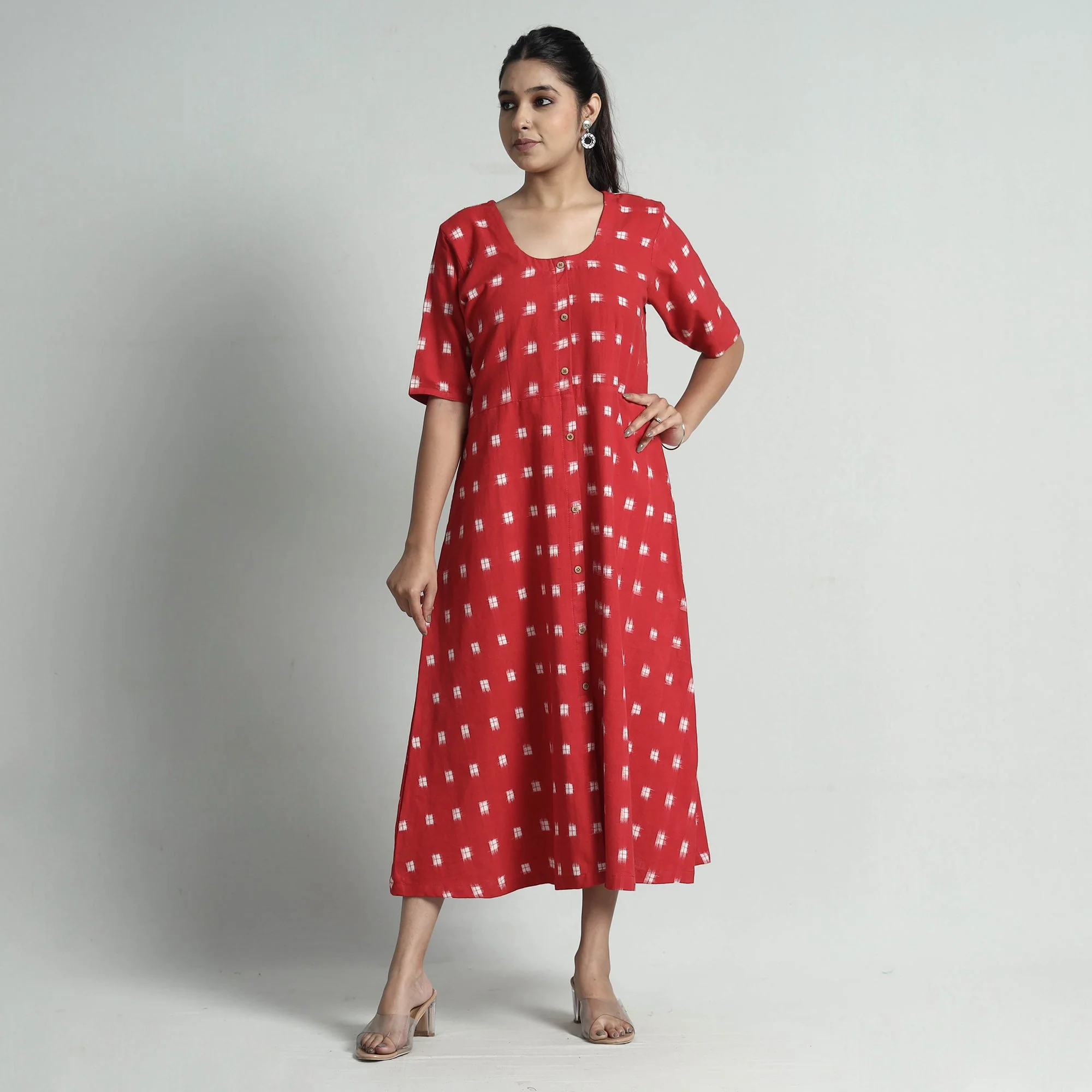 Red - Pochampally Double Ikat Weave Cotton Dress - Image 7