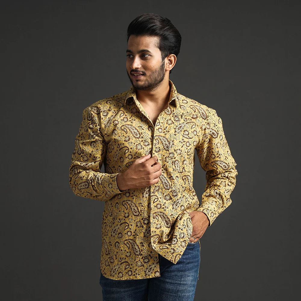 Yellow - Premium Pedana Kalamkari Block Printed Cotton Men Full Sleeve Shirt - Image 3