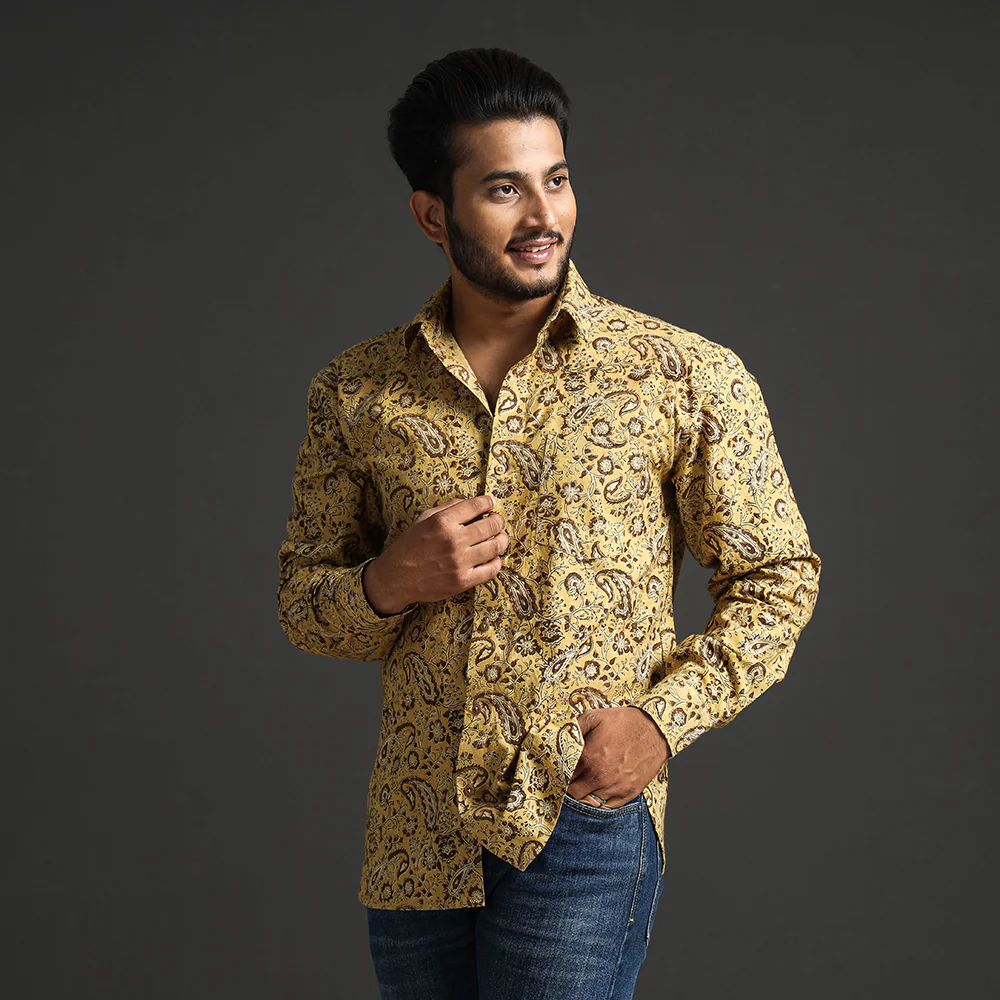 Yellow - Premium Pedana Kalamkari Block Printed Cotton Men Full Sleeve Shirt - Image 4