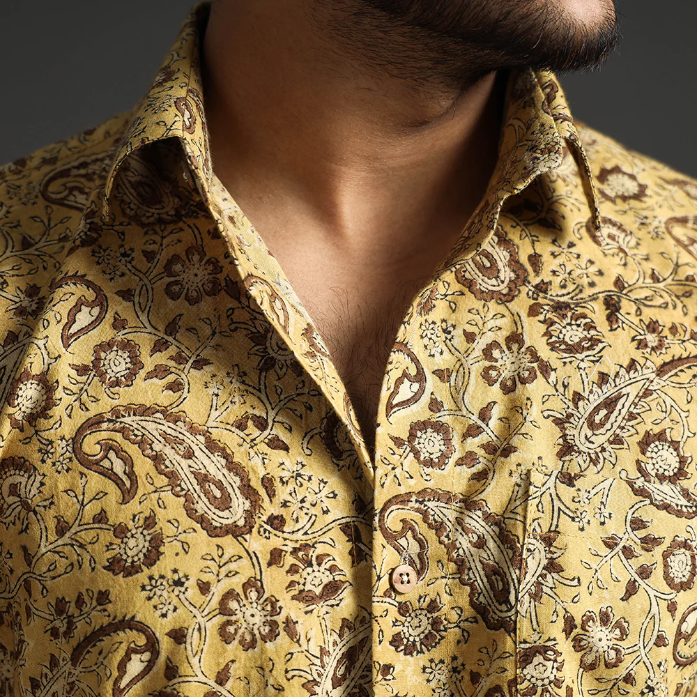 Yellow - Premium Pedana Kalamkari Block Printed Cotton Men Full Sleeve Shirt - Image 5