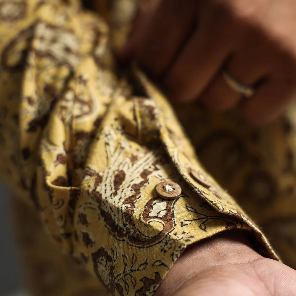 Yellow - Premium Pedana Kalamkari Block Printed Cotton Men Full Sleeve Shirt - Image 6
