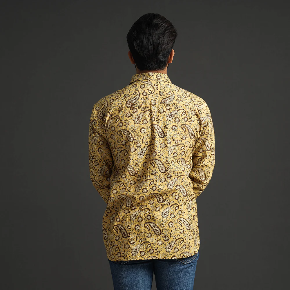 Yellow - Premium Pedana Kalamkari Block Printed Cotton Men Full Sleeve Shirt - Image 7