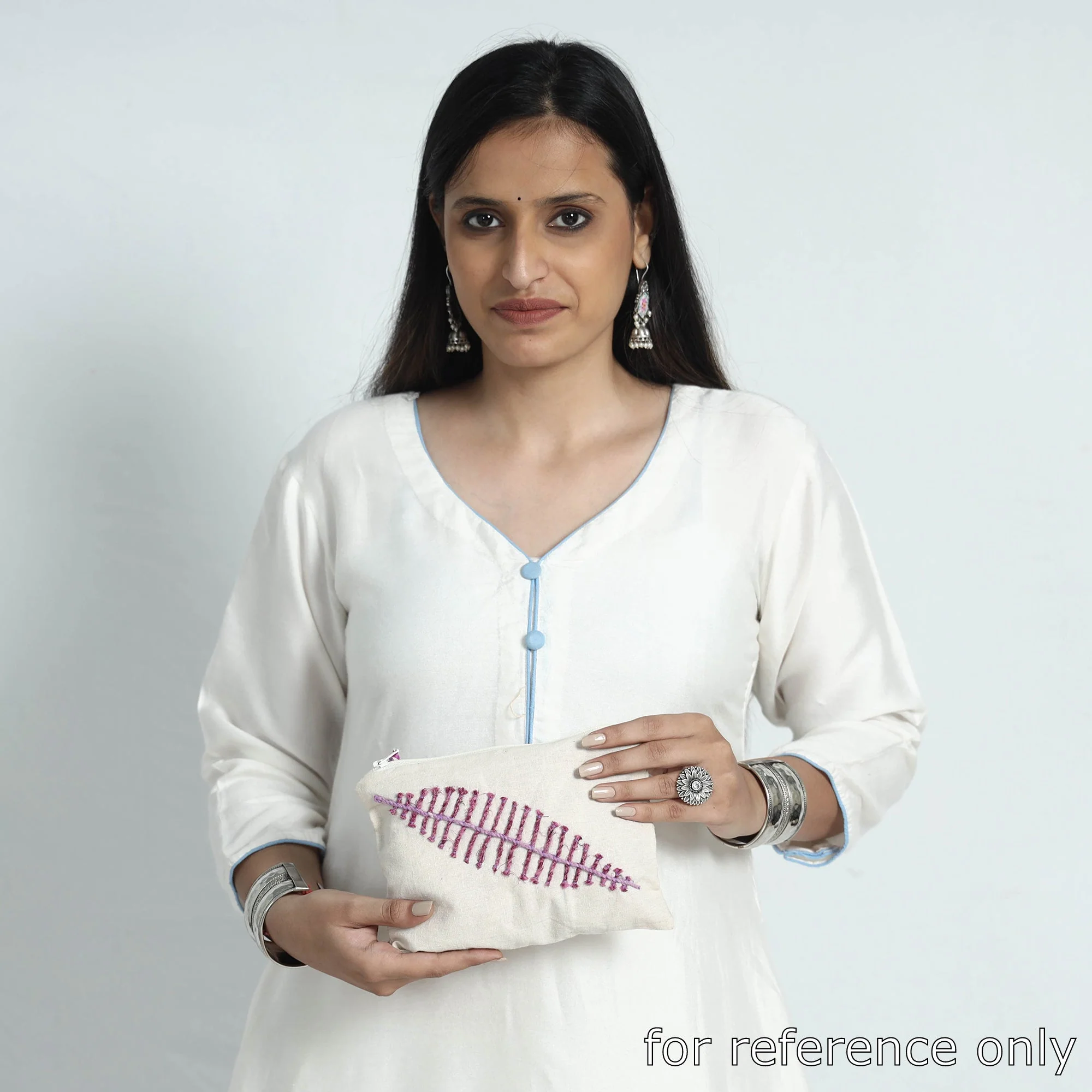 White - Handcrafted Cotton Recycled Leaf Design Cosmetic Pouch - Image 3